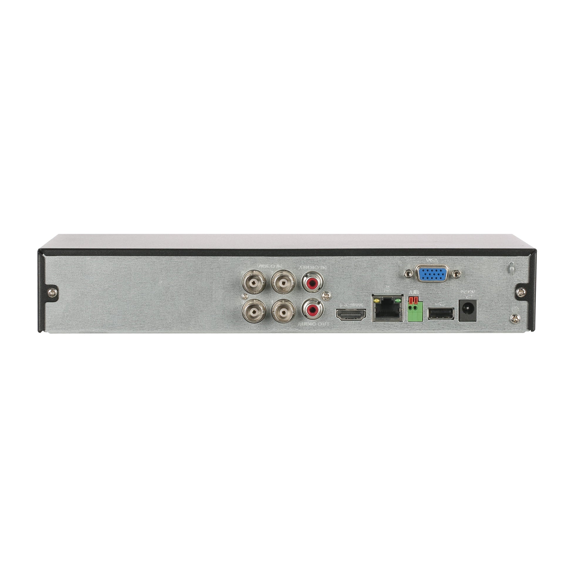 Rear panel of Dahua XVR4104HS showing BNC, HDMI, VGA, and network ports