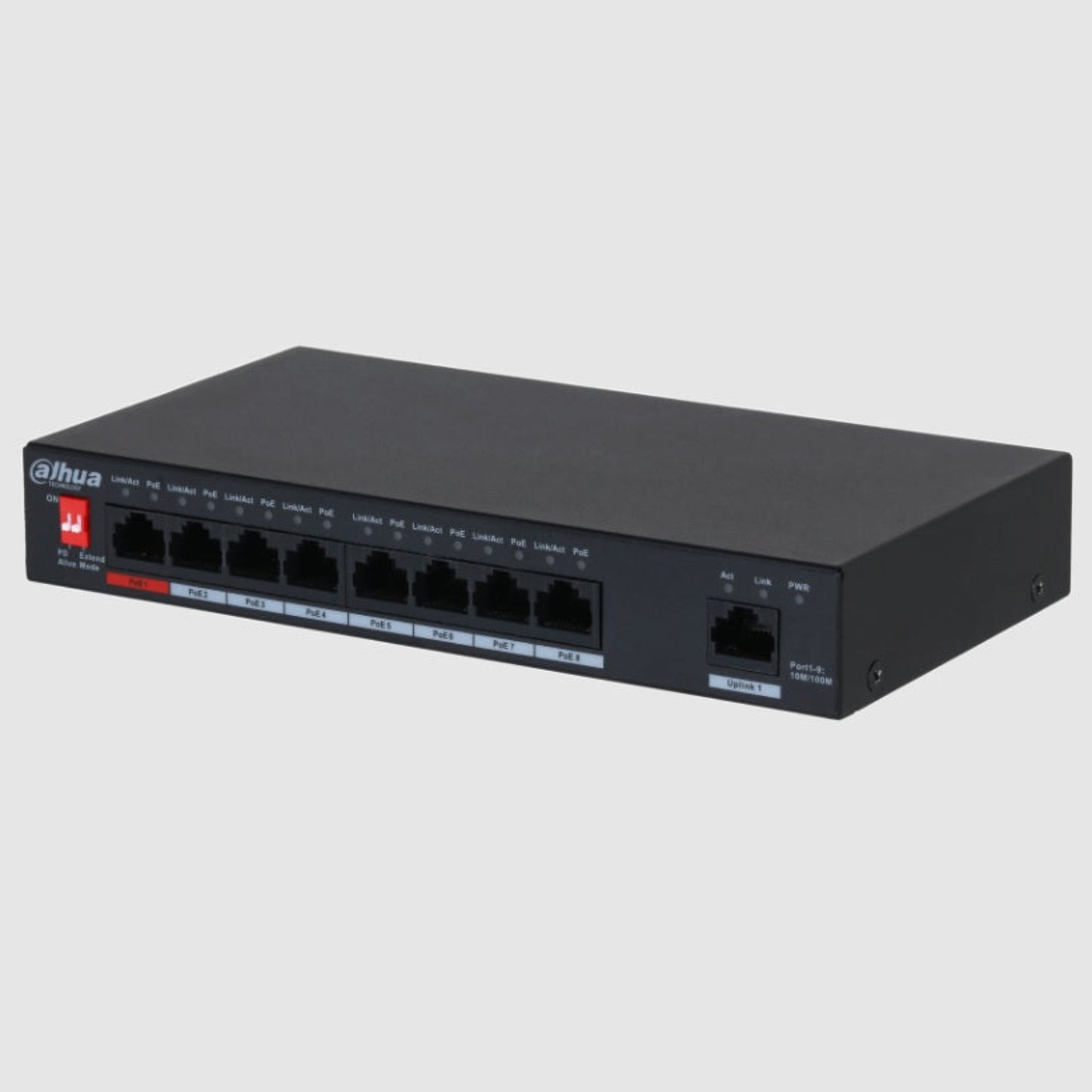 Angled view of Dahua DH-PFS3009-8ET-96 switch showing metal casing