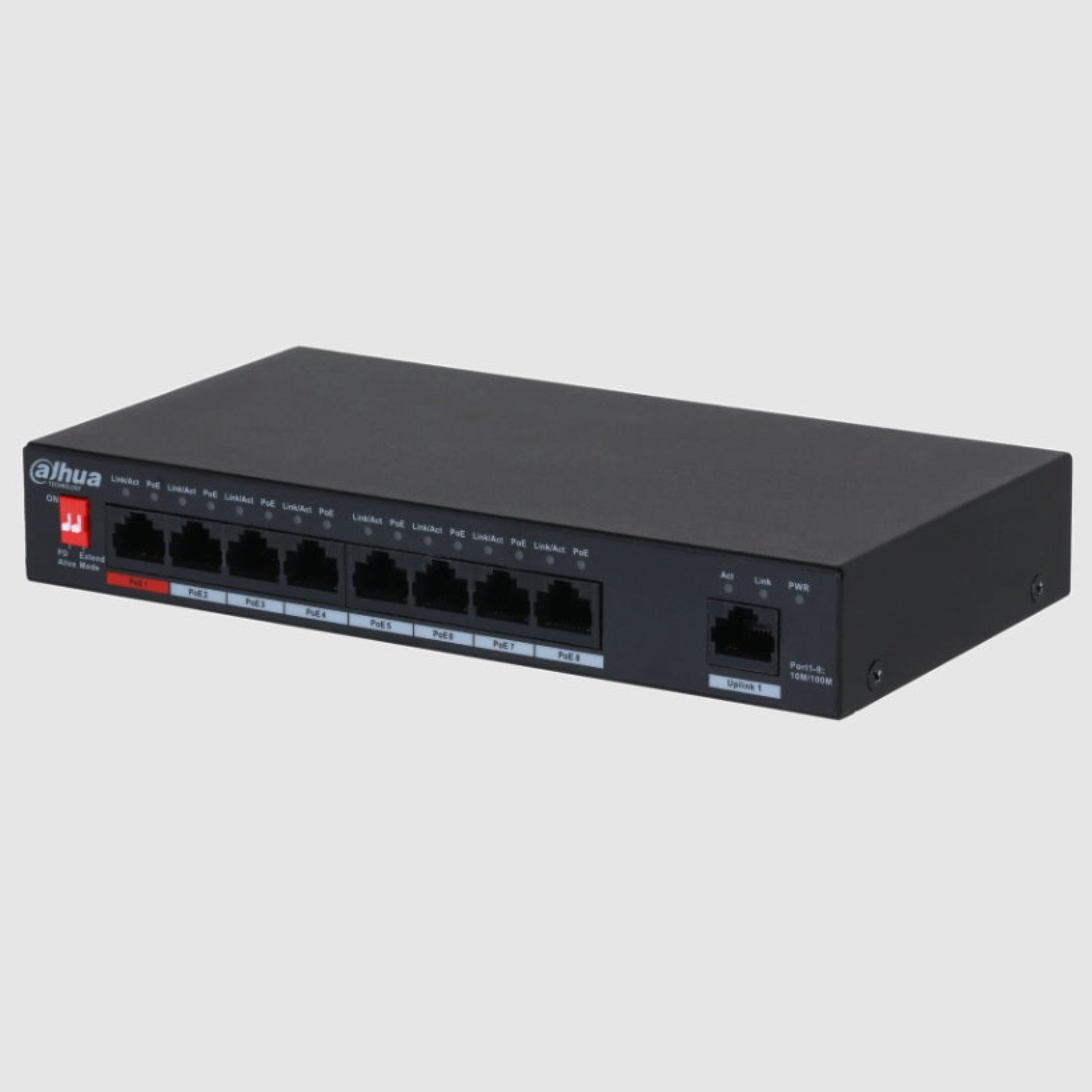 Angled view of Dahua DH-PFS3009-8ET-96 switch showing metal casing