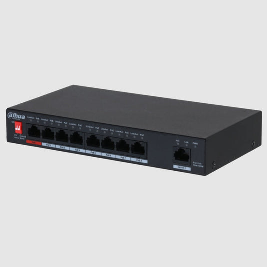 Angled view of Dahua DH-PFS3009-8ET-96 switch showing metal casing