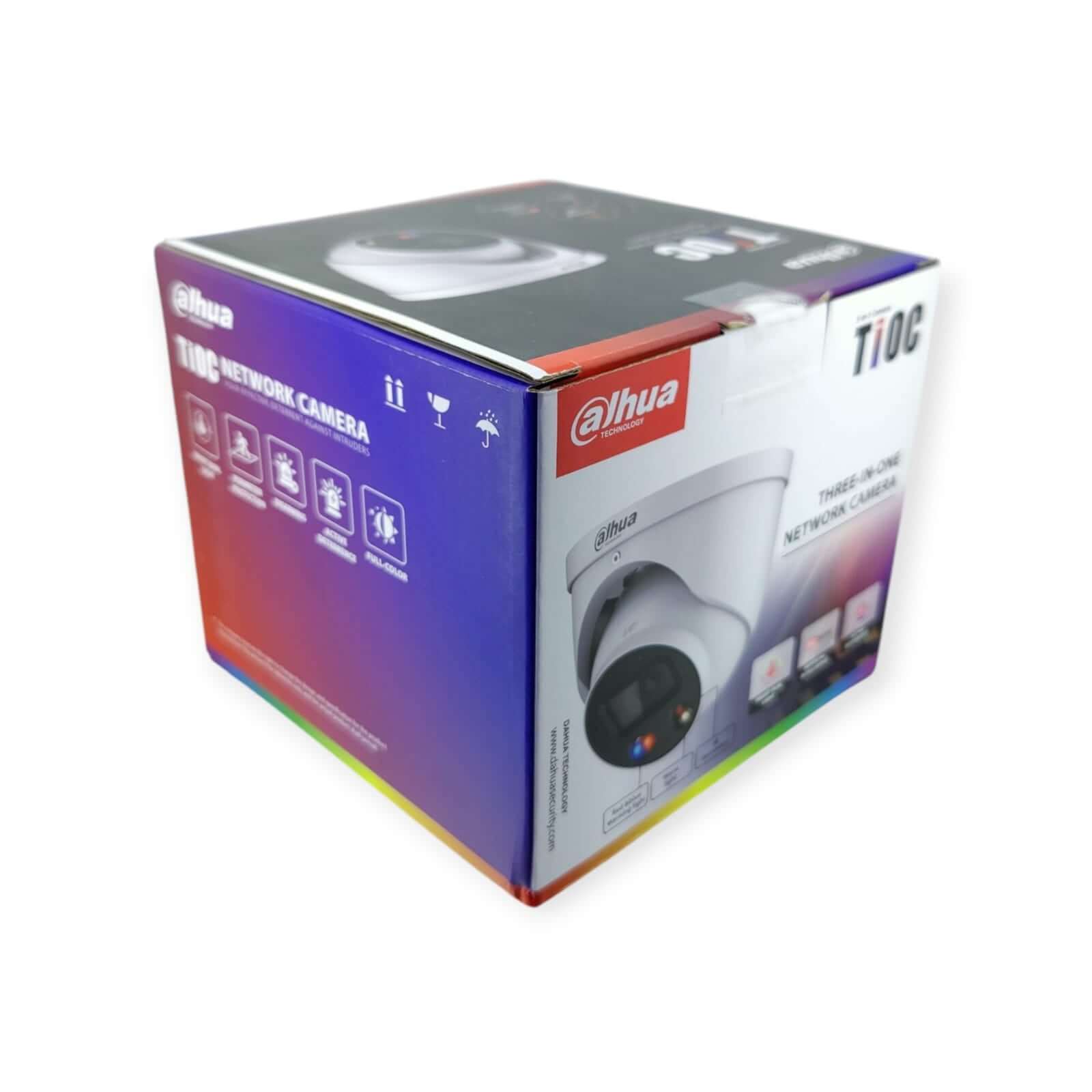 Dahua TIOC network camera packaging showing features and specifications on the box.