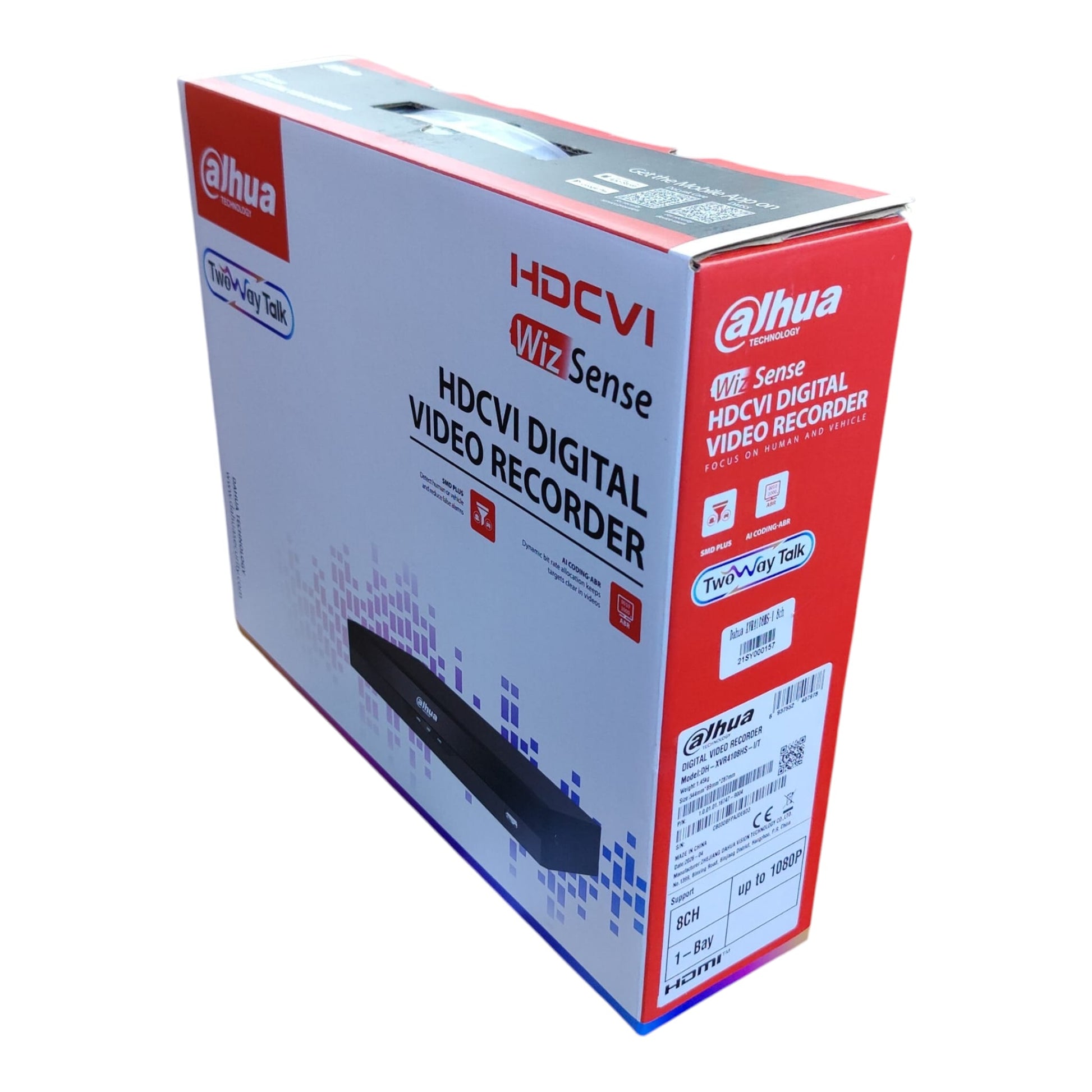 Official packaging of Dahua DH-XVR4108HS-I/T with 1-year warranty label