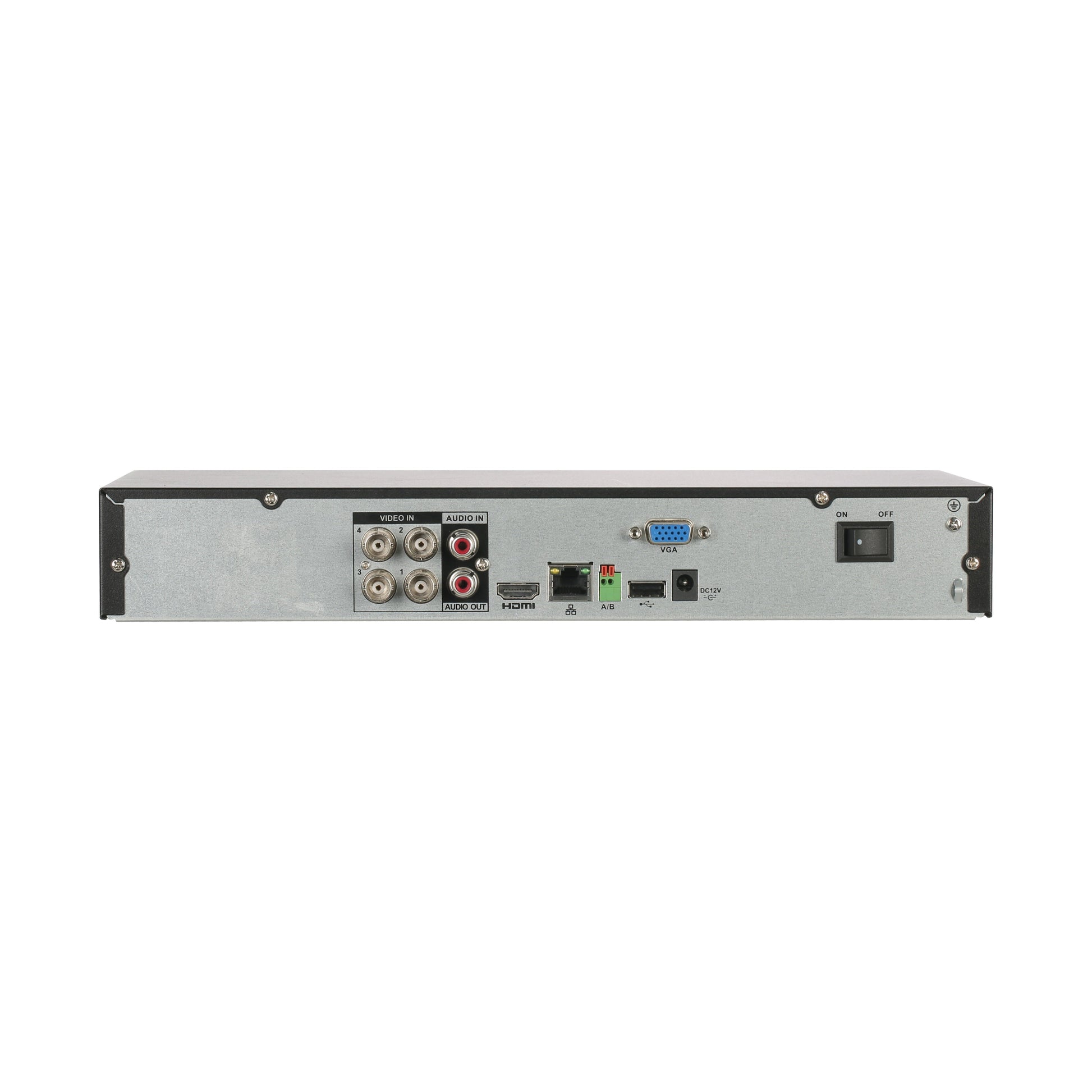 Rear view of Dahua XVR5104HS-4KL-I3 4K DVR showing video, audio, HDMI, VGA, and power ports. Easy setup.