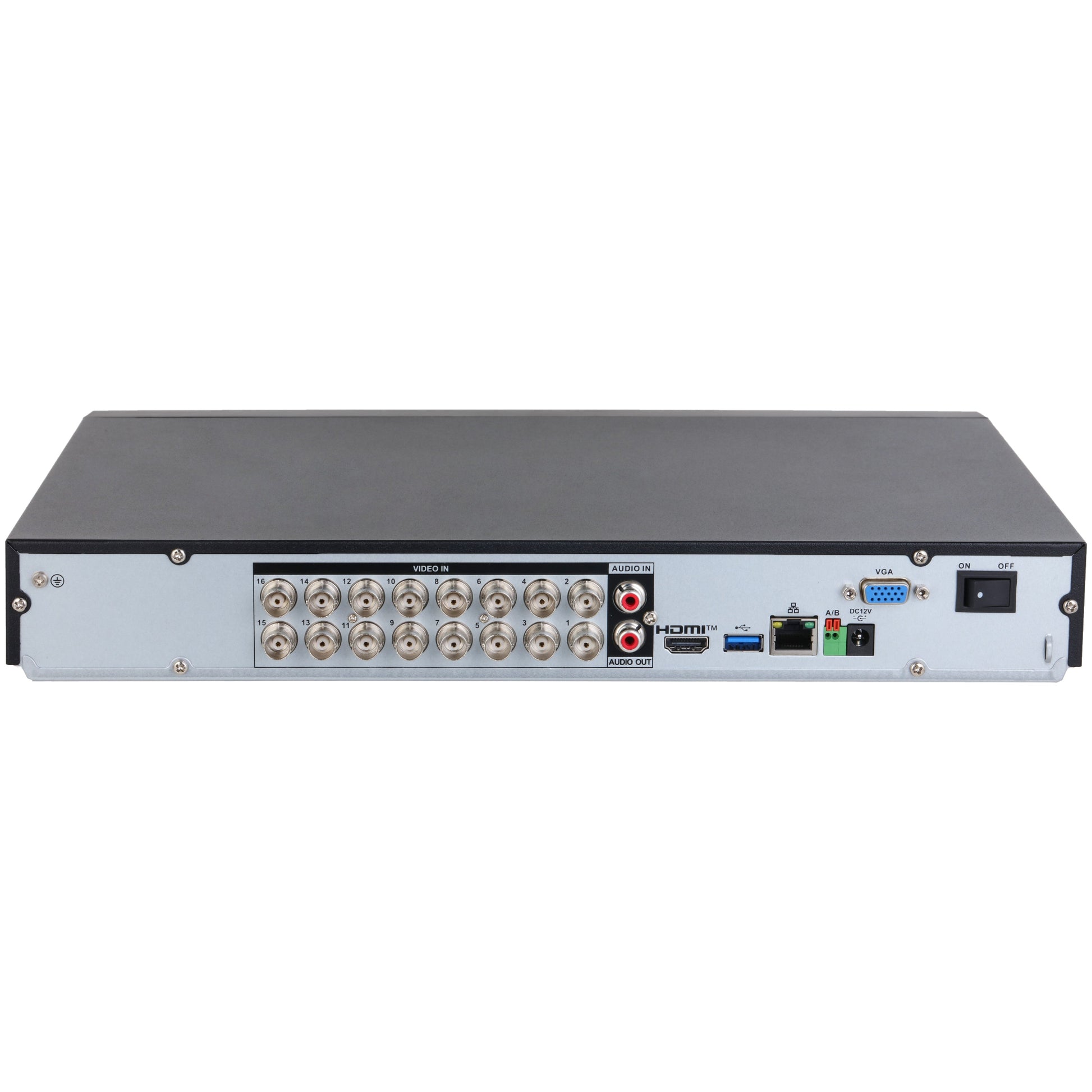 Rear view showing 16 BNC ports and dual video outputs on the Dahua 5MP DVR.
