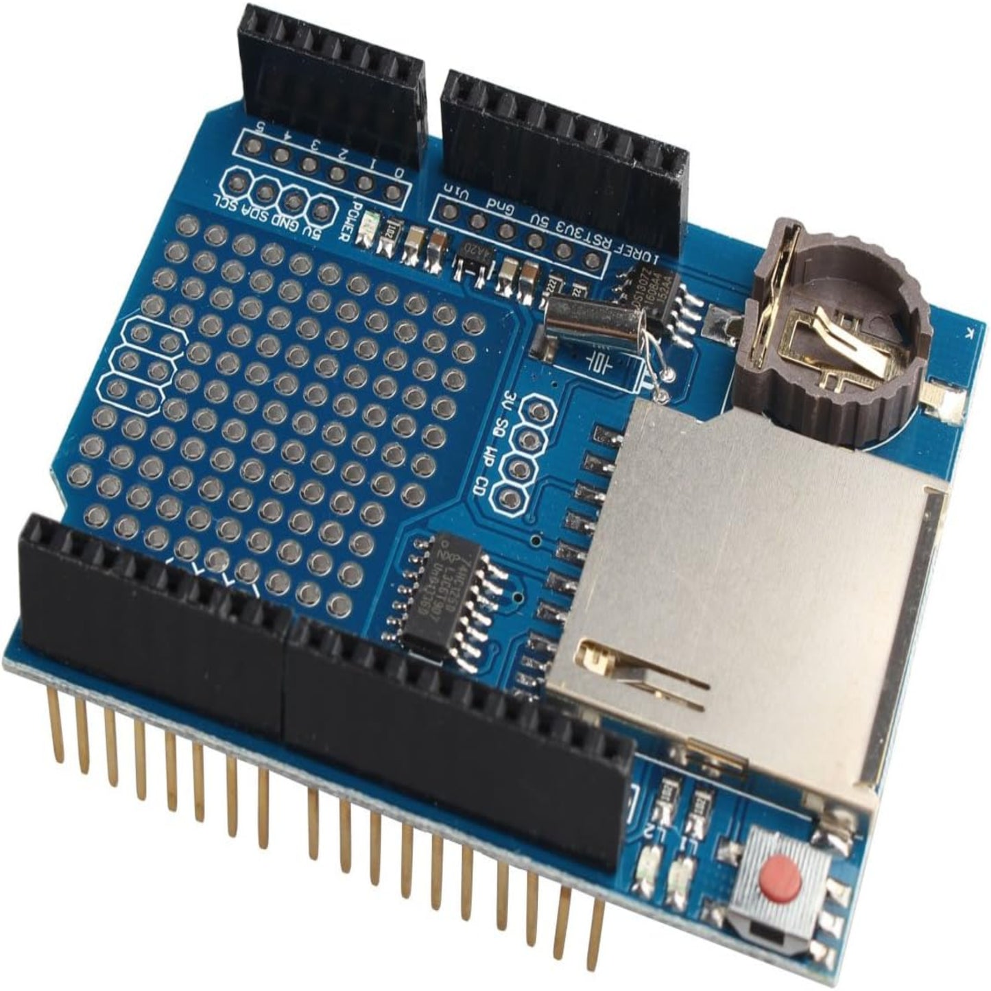 Data Logger Module for Arduino featuring SD card interface and battery holder with level shifting circuitry.