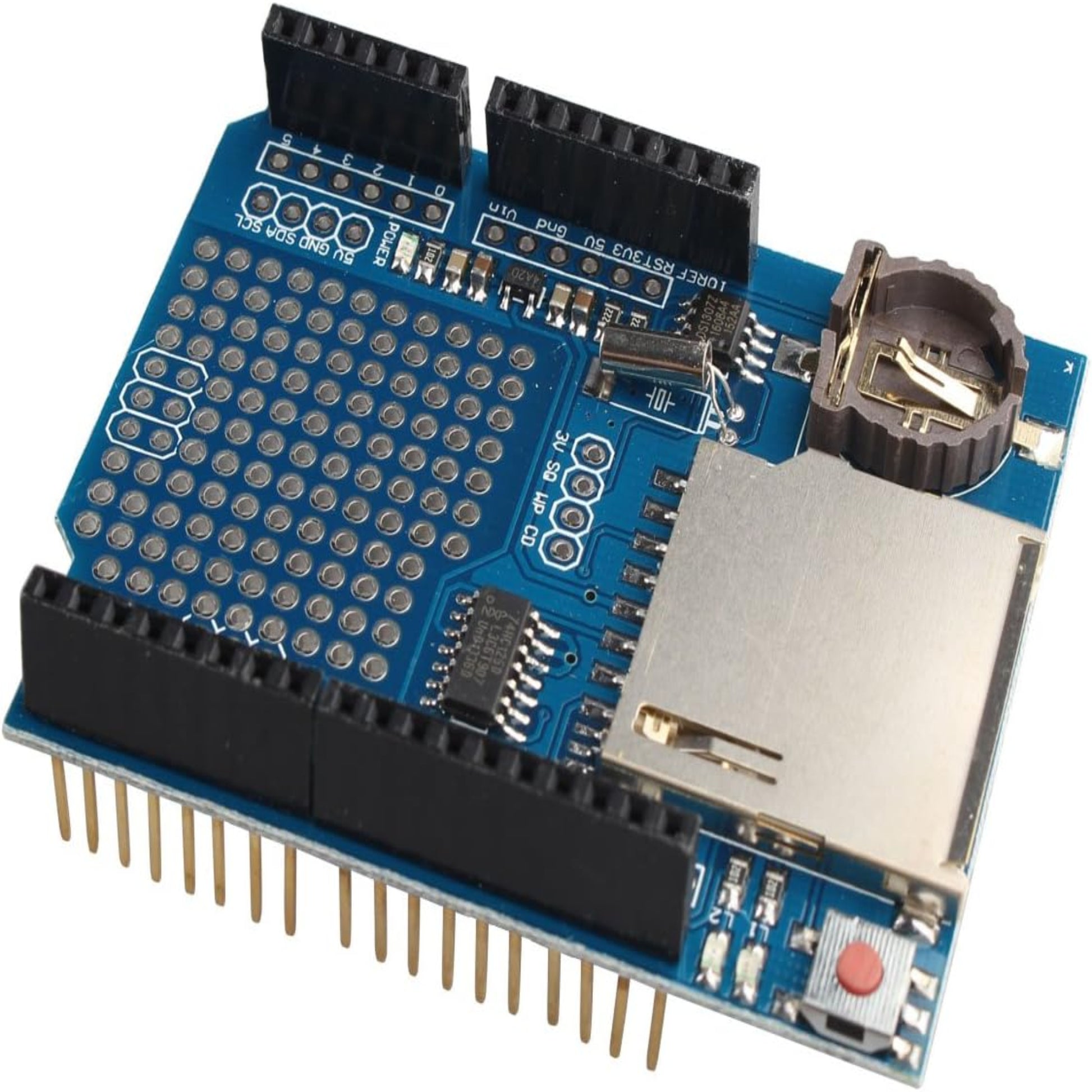 Data Logger Module for Arduino featuring SD card interface and battery holder with level shifting circuitry.