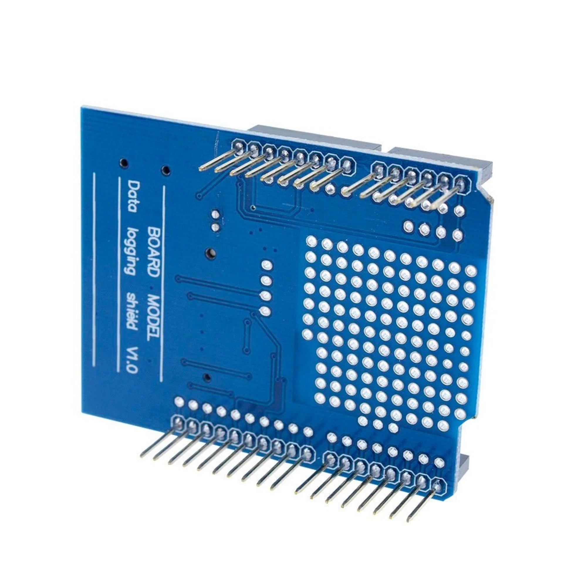 Data Logger Module Shield for Arduino with SD card interface and pin connections, model v1.0.
