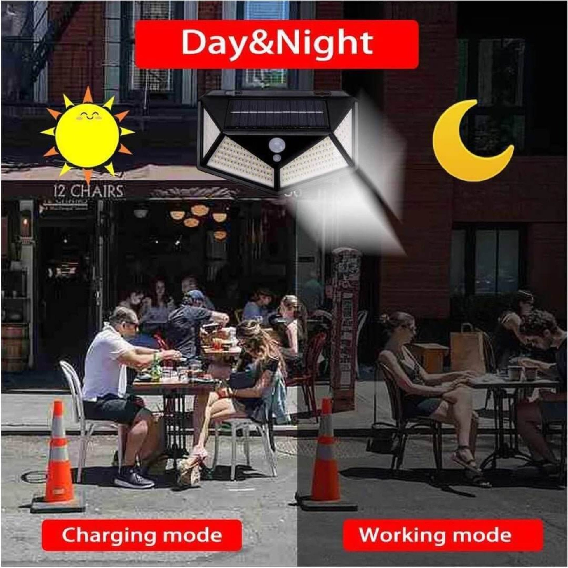 A comparison image showing the solar light in 'Charging mode' during the day and 'Working mode' at night.
