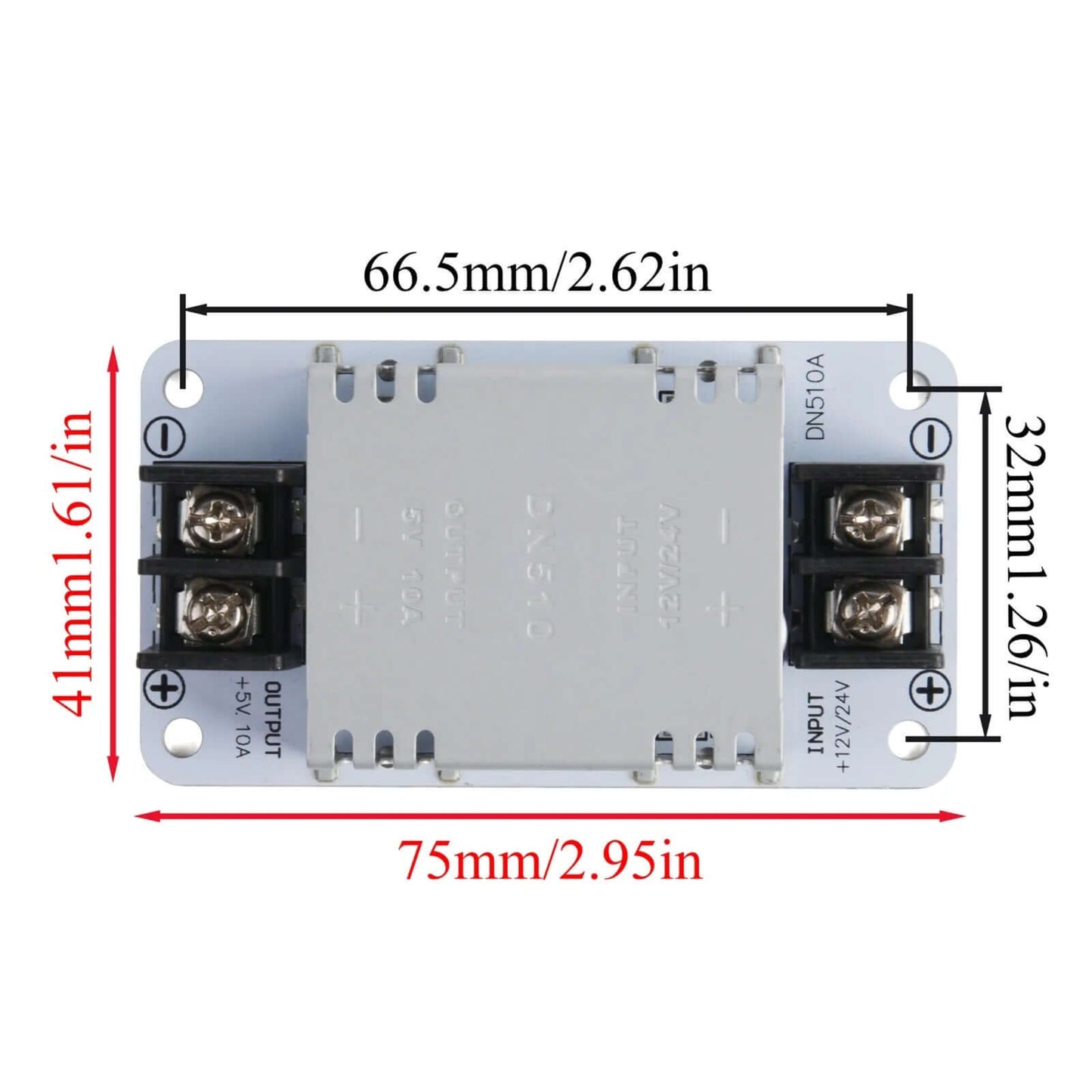Dimensions of the 50W DC 12V-24V to 5V 10A step-down power converter module.
