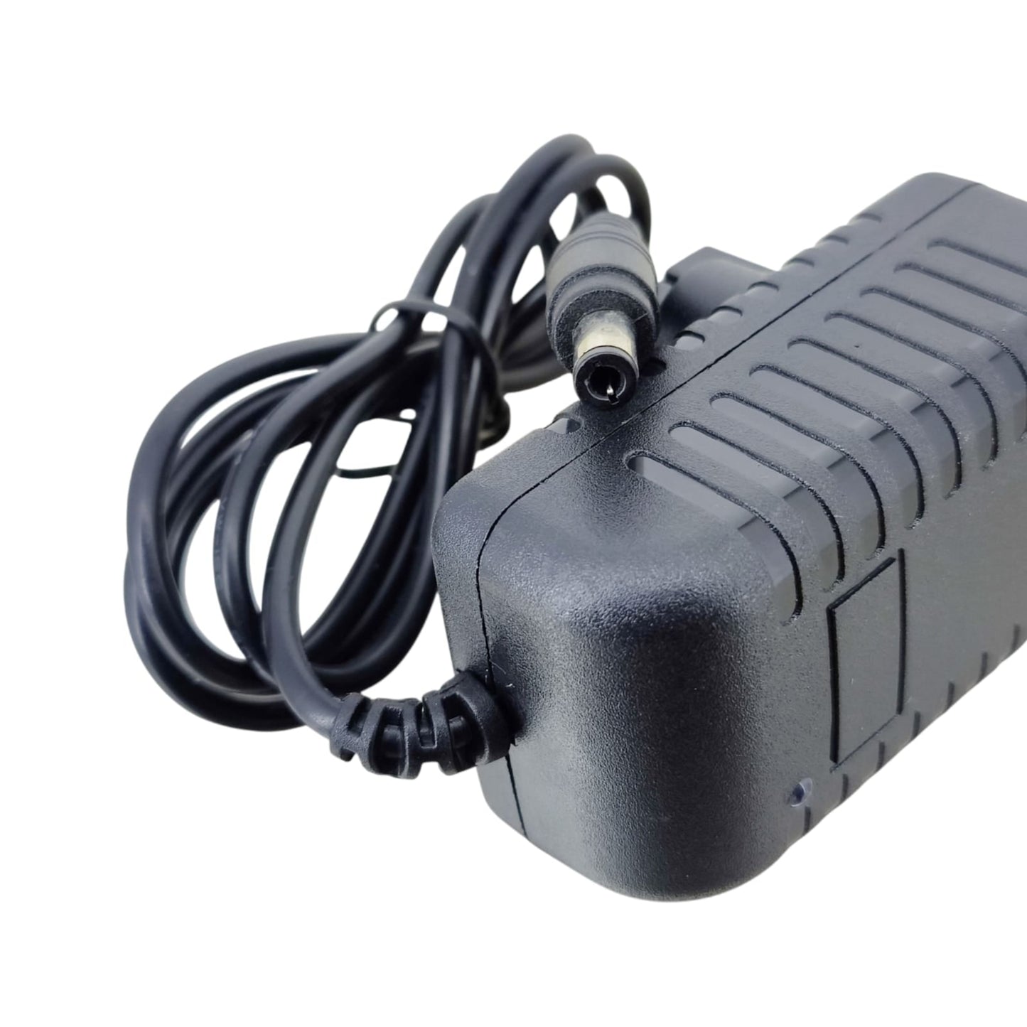 Close-up of the 5.5mm x 2.1mm DC barrel jack connector on the 32V power adapter cable.