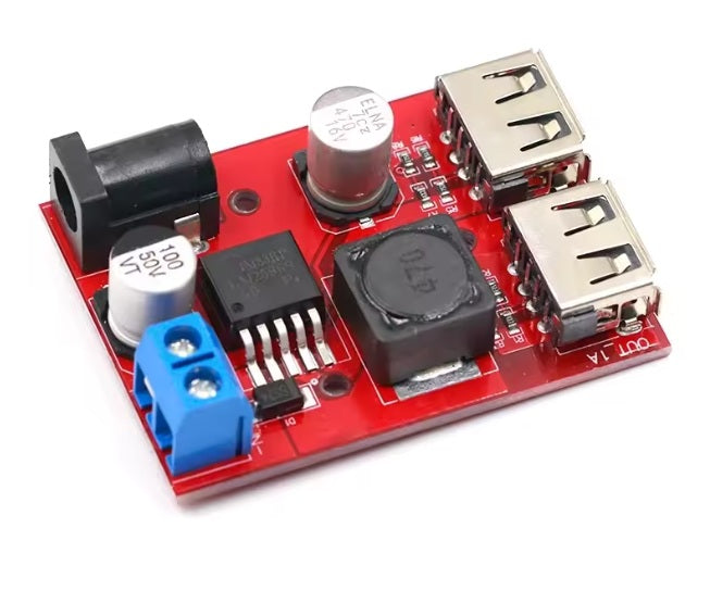 High-efficiency DC 9V-36V to 5V 3A step-down buck converter with dual USB ports for charging mobile devices.
