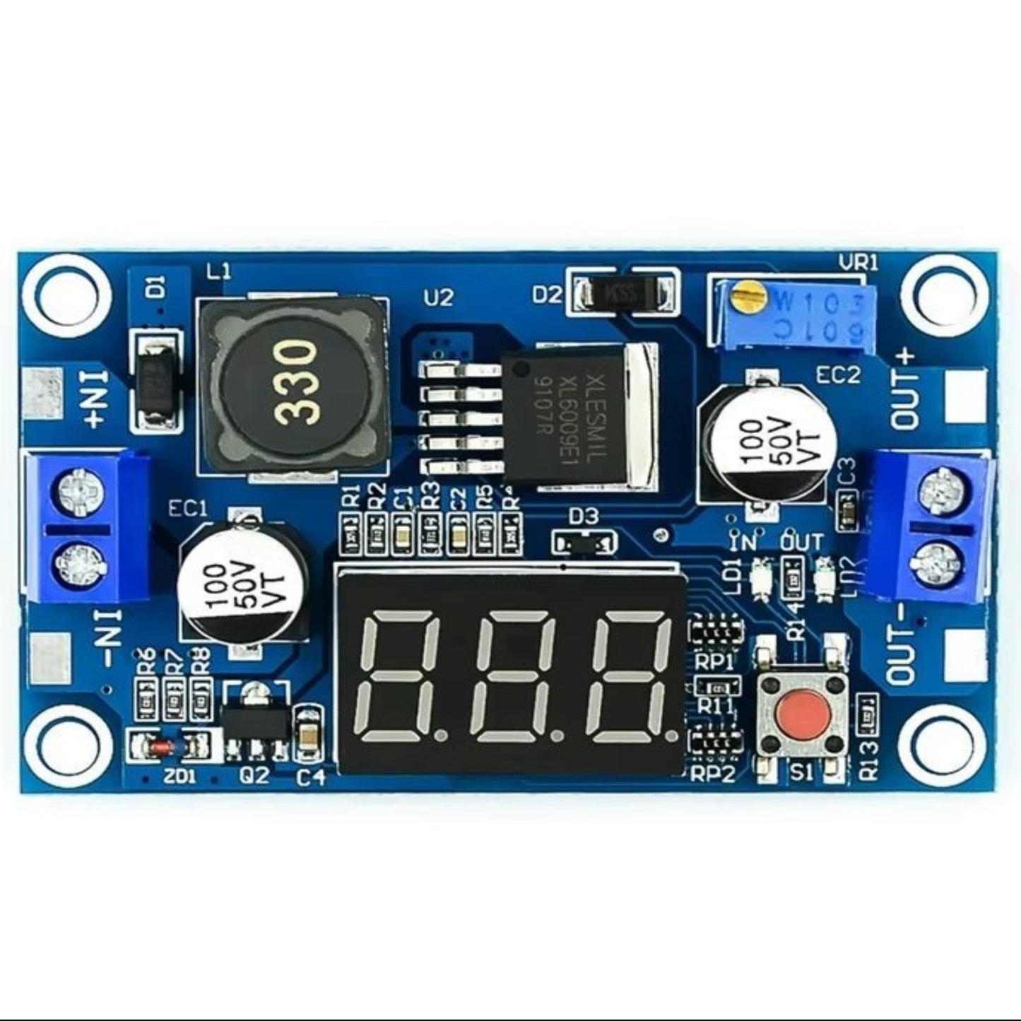 4A DC-DC boost converter module with voltmeter display for voltage step-up and monitoring in electronic projects.