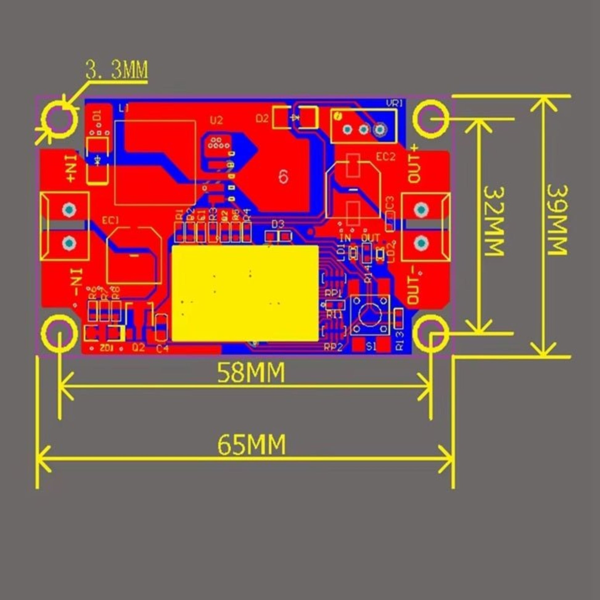 4A DC-DC boost converter module PCB layout with dimensions 58MM x 65MM, featuring integrated voltmeter and connectors.