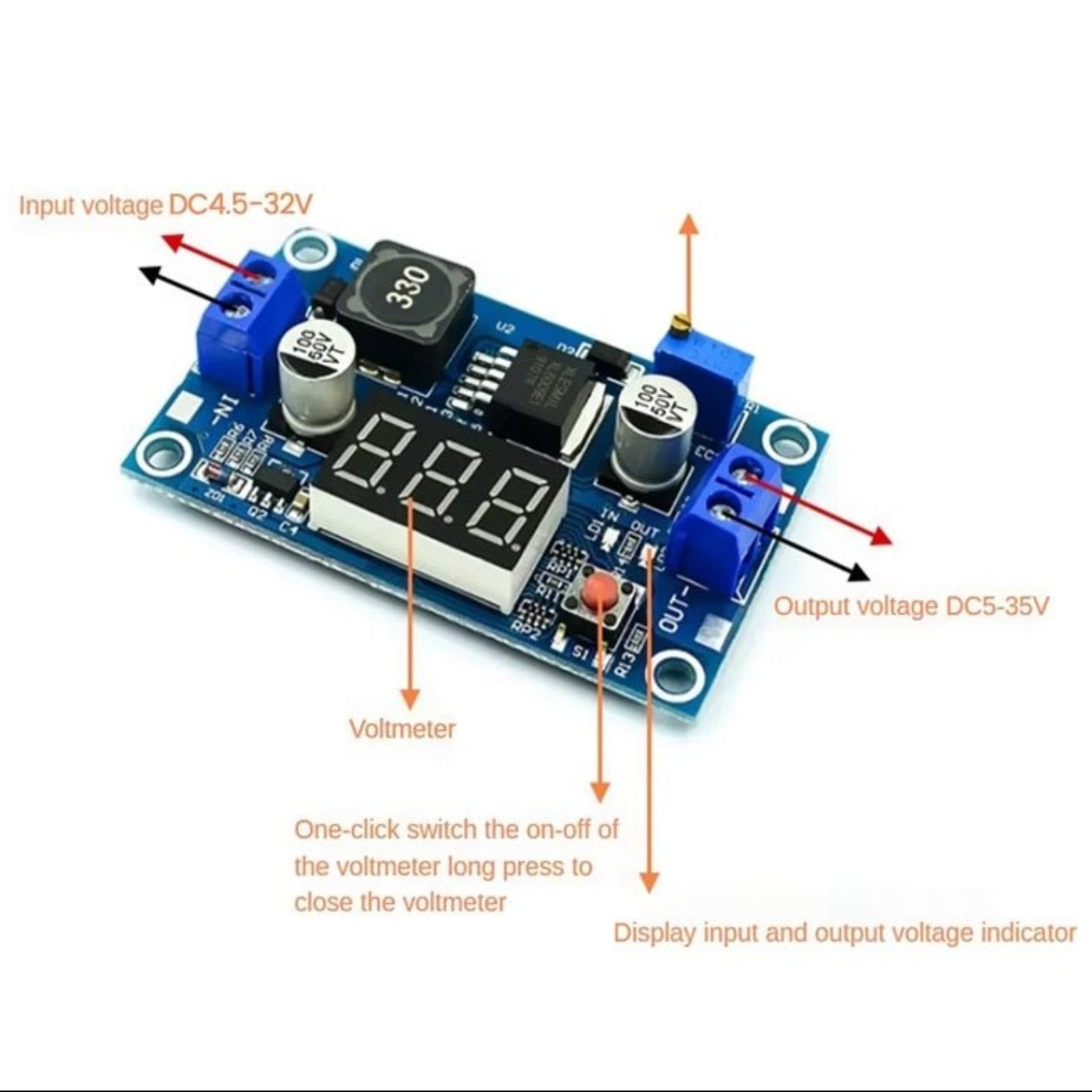 4A DC-DC Boost Converter Module with voltmeter, input voltage 4.5-32V, output voltage 5-35V, one-click operation.