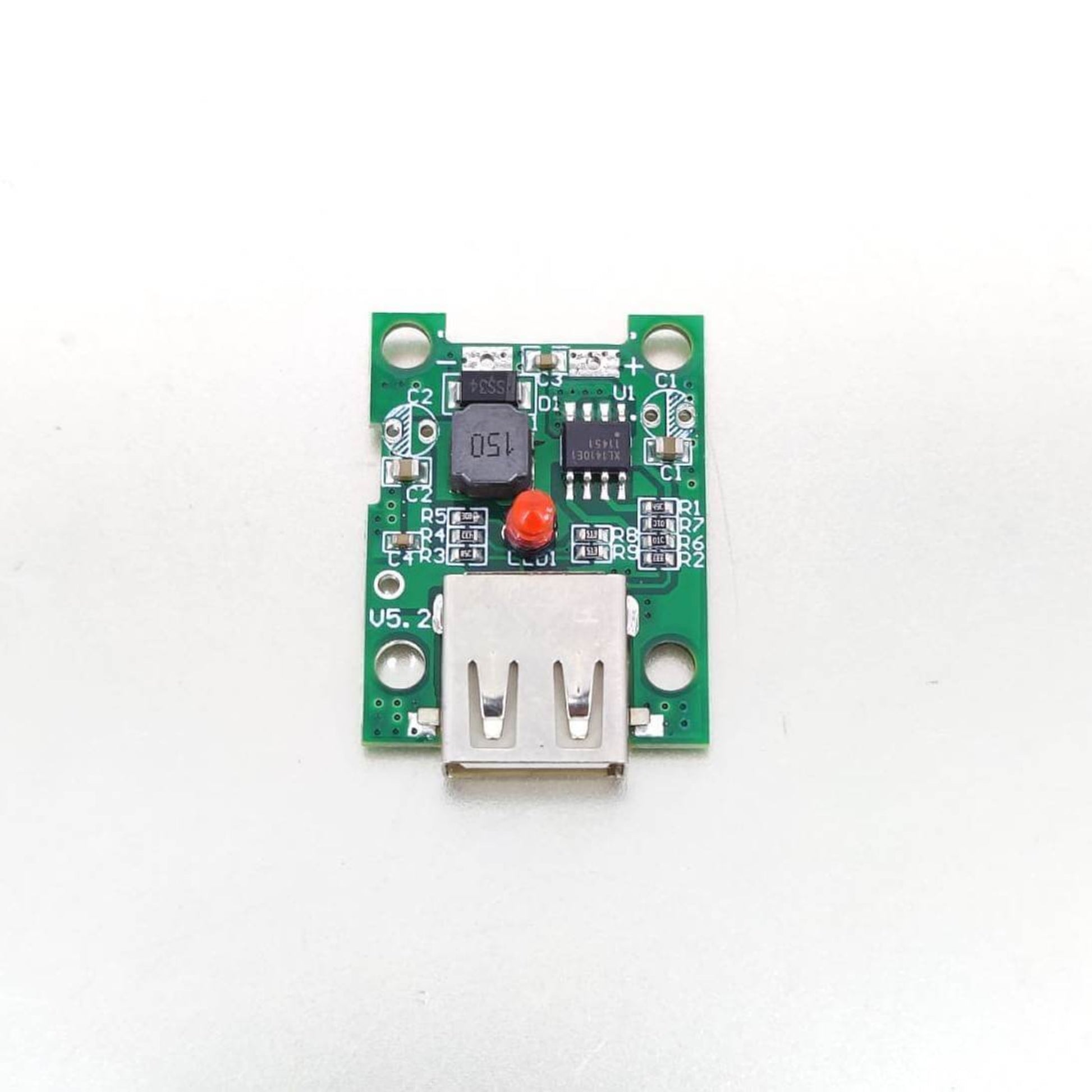 Internal PCB of solar voltage controller showing XL1410E1 chip and USB port.