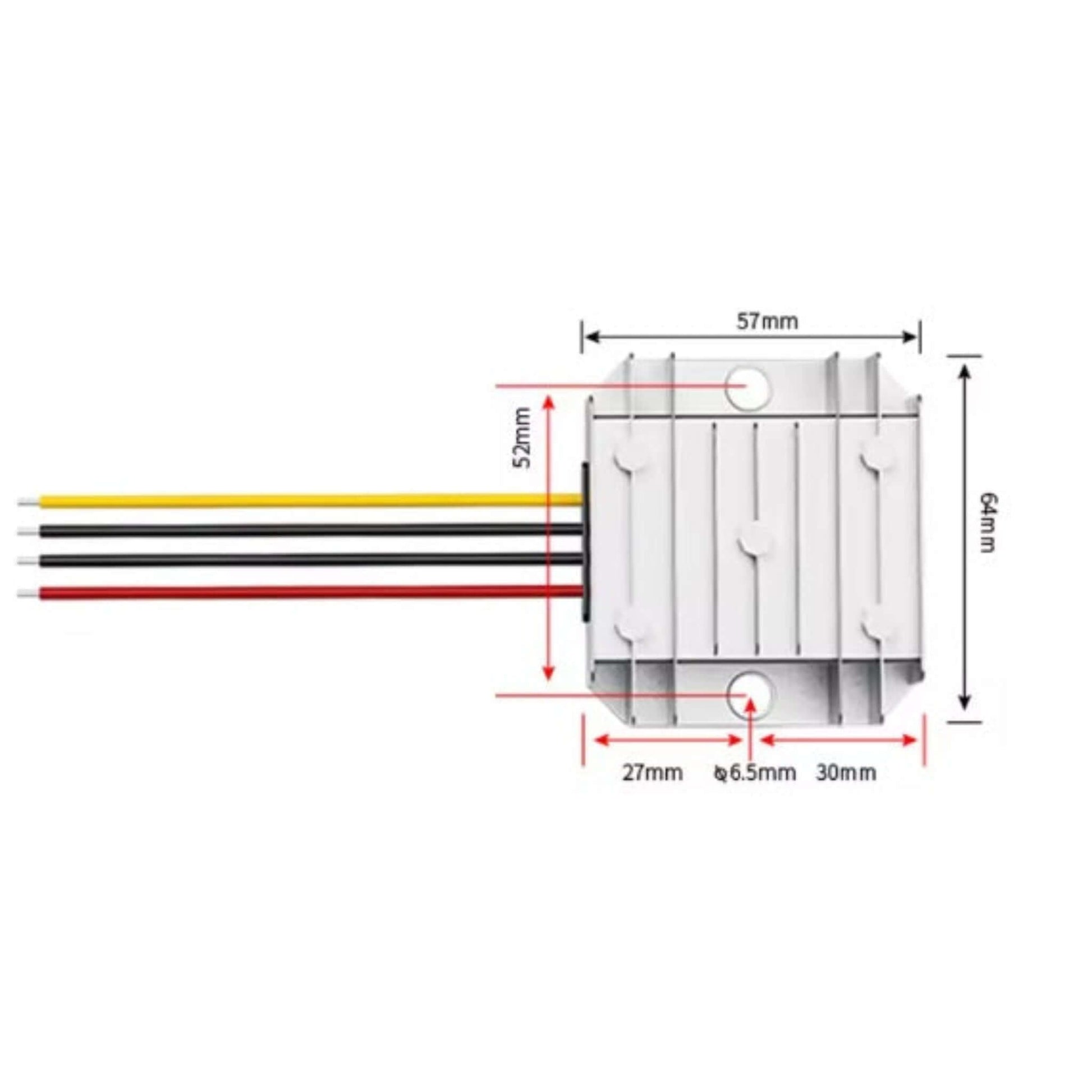 Top-down diagram showing the dimensions and mounting holes for the 12V 8A buck converter: 64mm x 57mm.