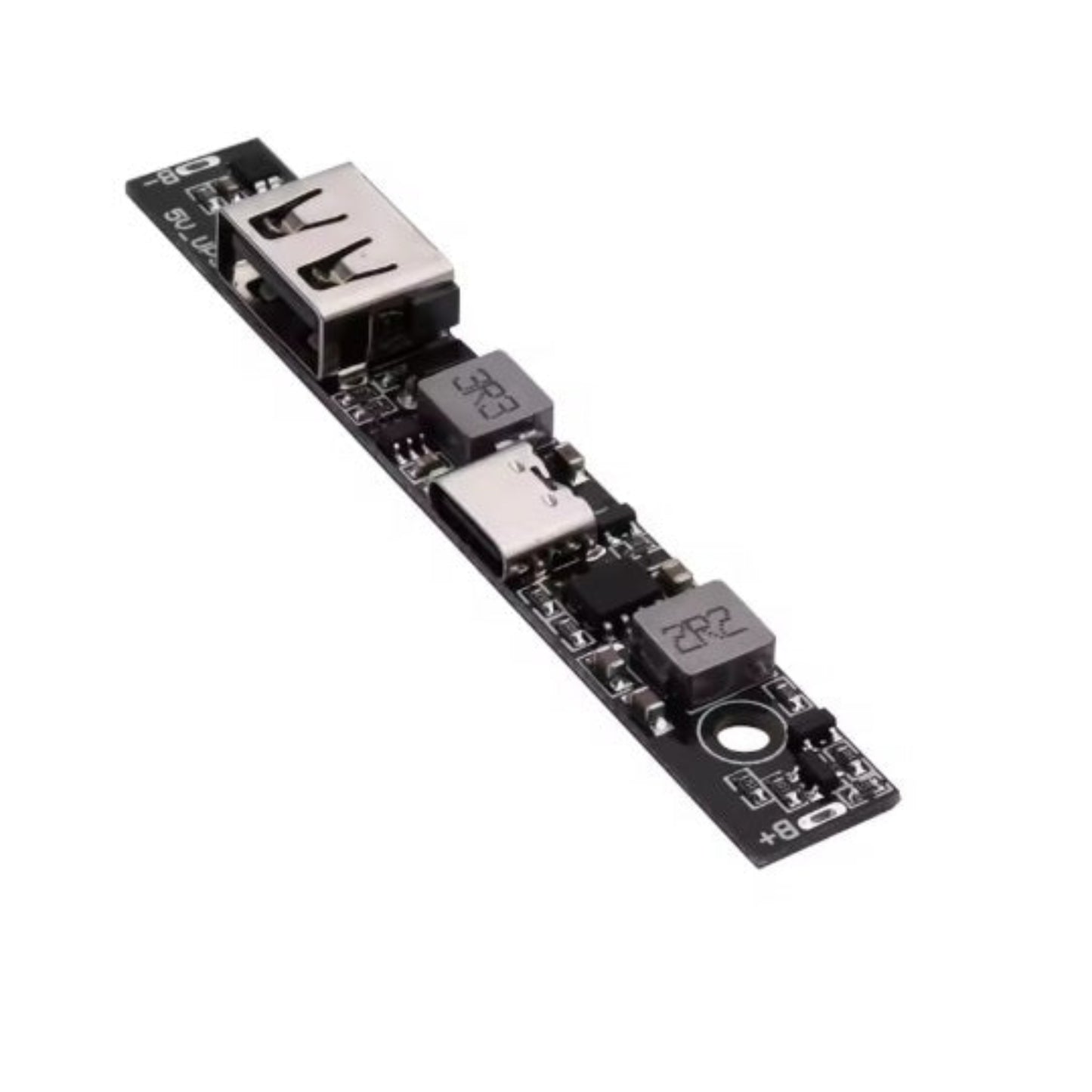 Angled view of DC-DC step up converter UPS board with components visible