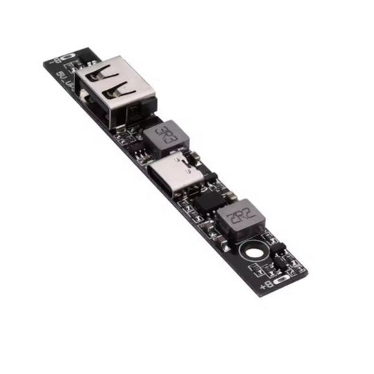 Angled view of DC-DC step up converter UPS board with components visible