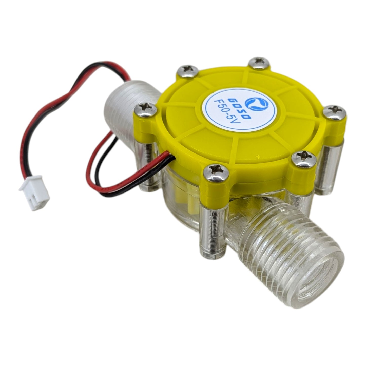 Top view of the 1/2 inch DC water flow generator, featuring a transparent casing to view the micro hydro turbine in action.