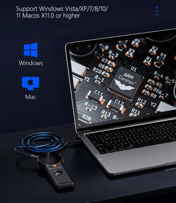 500X Portable Digital Microscope connected to a laptop, showcasing circuit board details and software compatibility.
