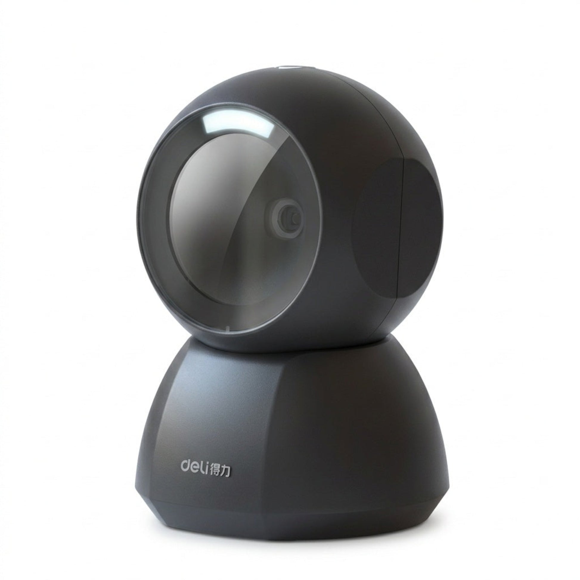 Front view of the black Deli AA501 desktop 2D barcode scanner for retail POS.