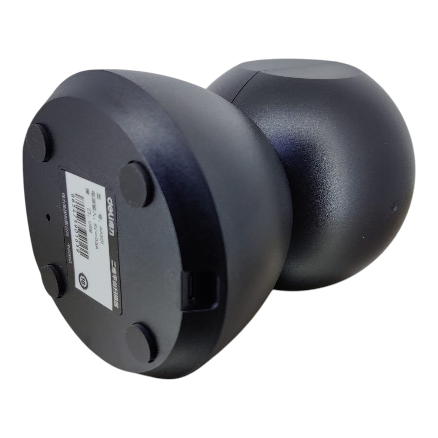 Underside of the Deli AA501 scanner displaying the Type-C port and anti-slip rubber pads.