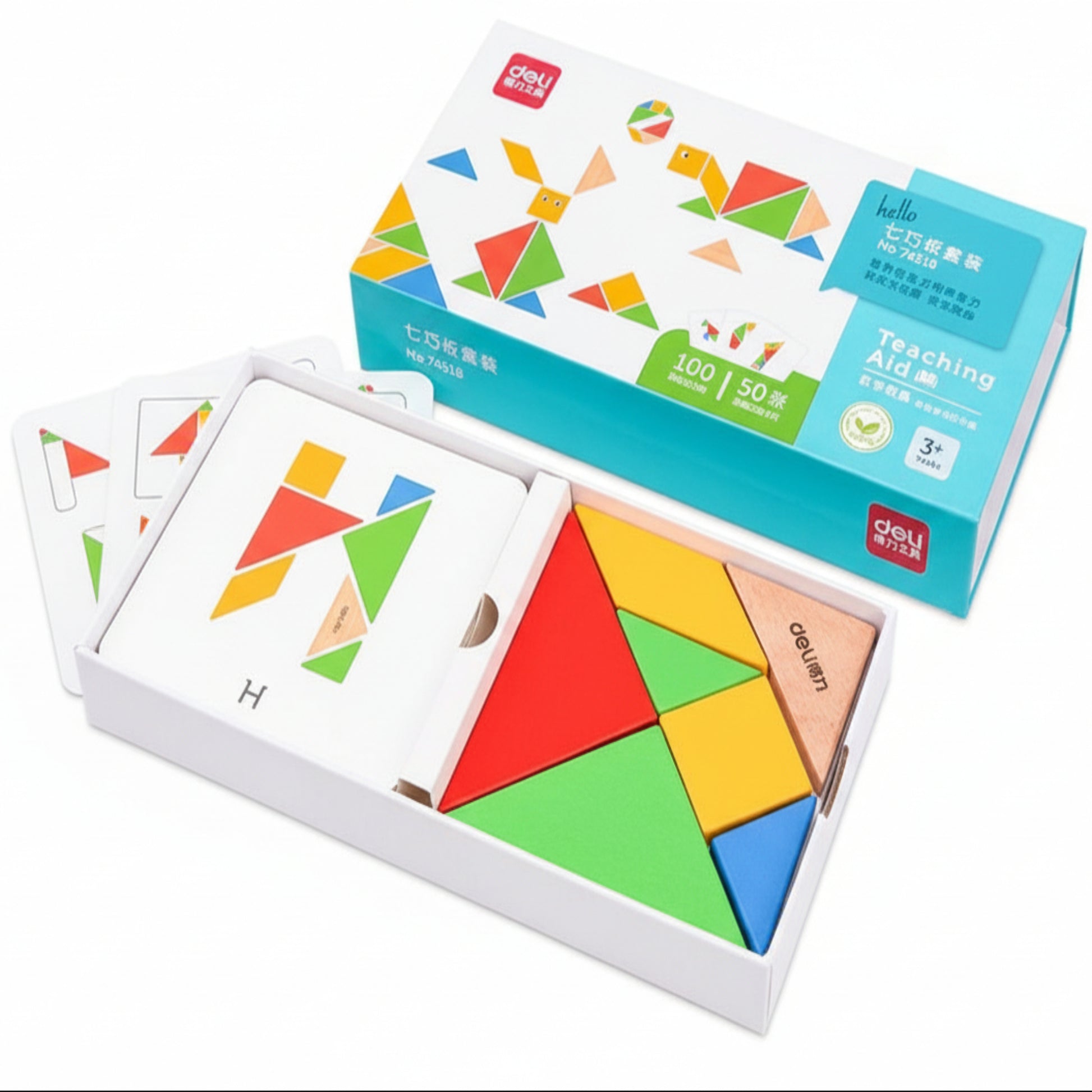 Deli kids wooden tangram puzzle set box with pattern cards