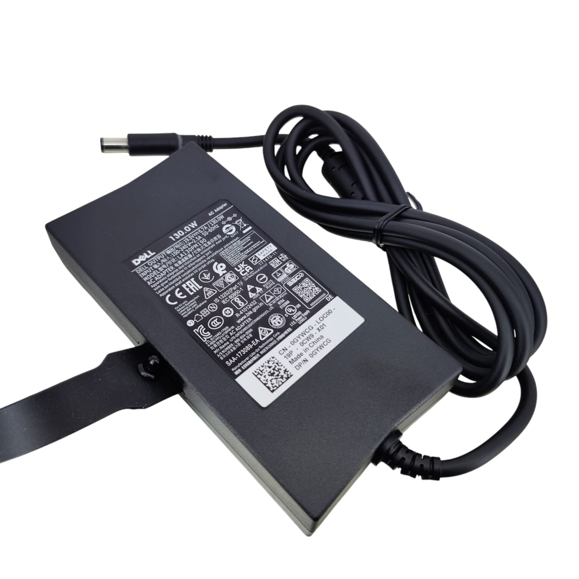 Close-up of the specification label on a Dell 130W AC adapter, showing model number G0YWC0 and 19.5V 6.7A output.