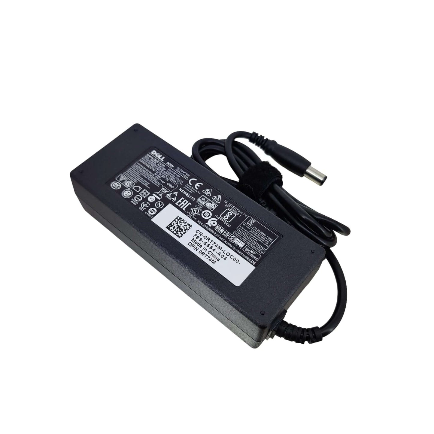 Dell 90W AC adapter for laptops, 19.5V 4.62A, 7.4mm x 5.0mm connector, black, side view.