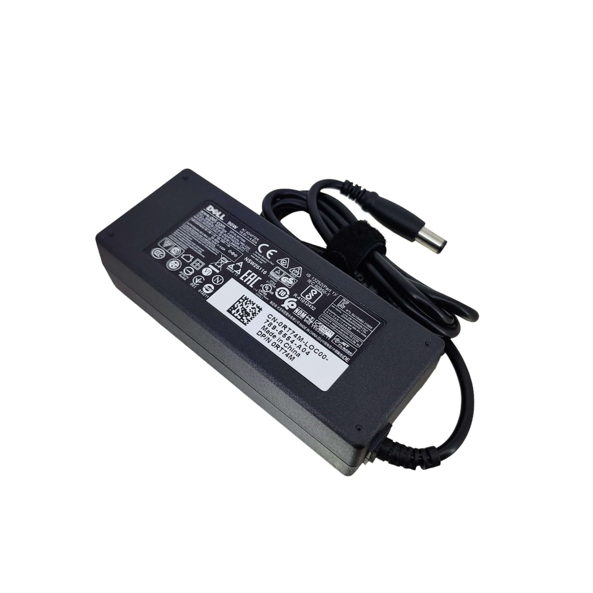 Dell 90W AC adapter for laptops, 19.5V 4.62A, 7.4mm x 5.0mm connector, black, side view.