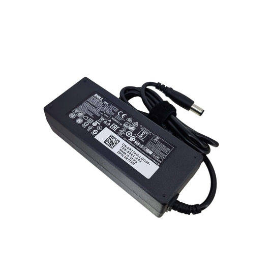 Dell 90W AC adapter for laptops, 19.5V 4.62A, 7.4mm x 5.0mm connector, black, side view.