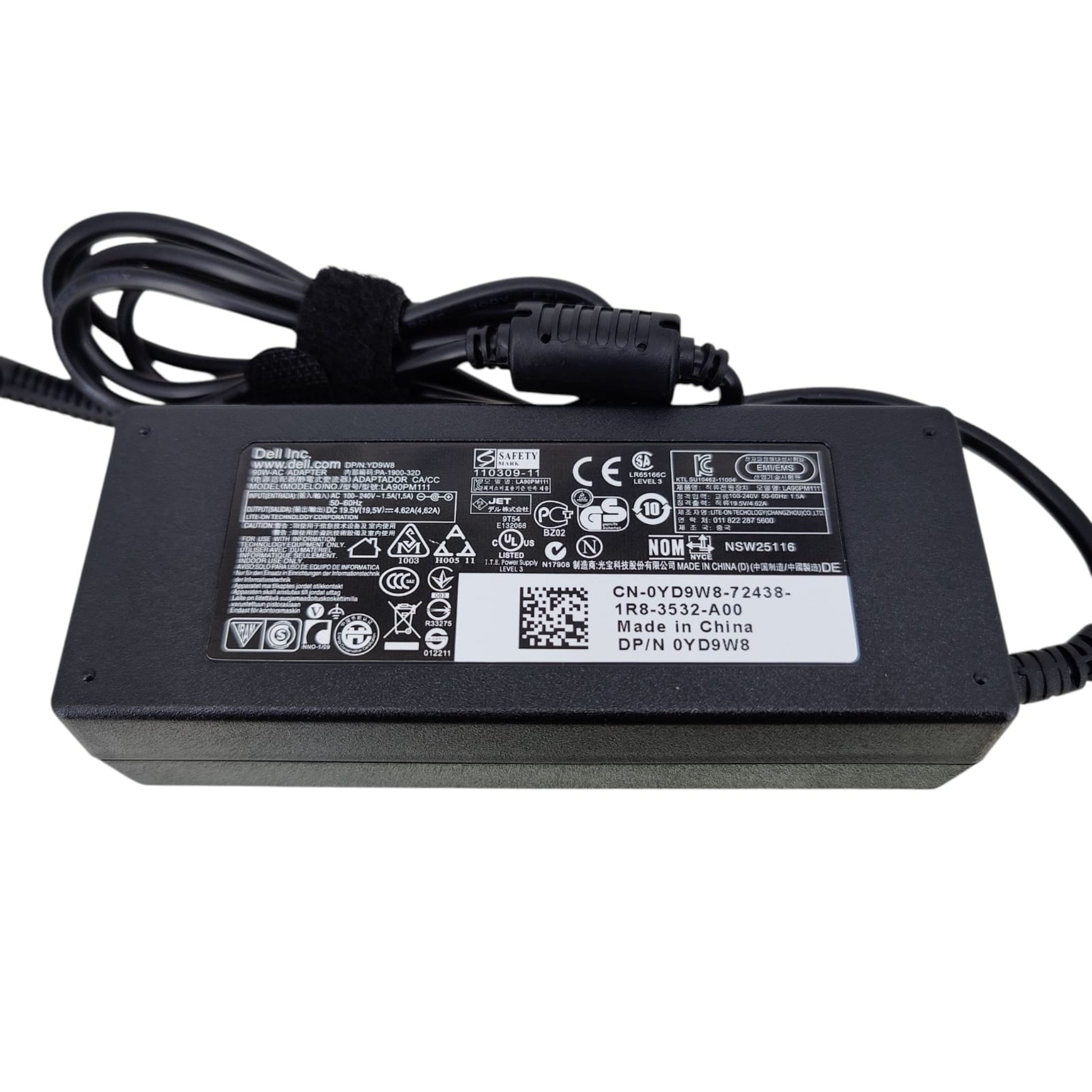 Top view of the Dell laptop power adapter showing the specifications label, model information, and DP/N 0YD9W8.