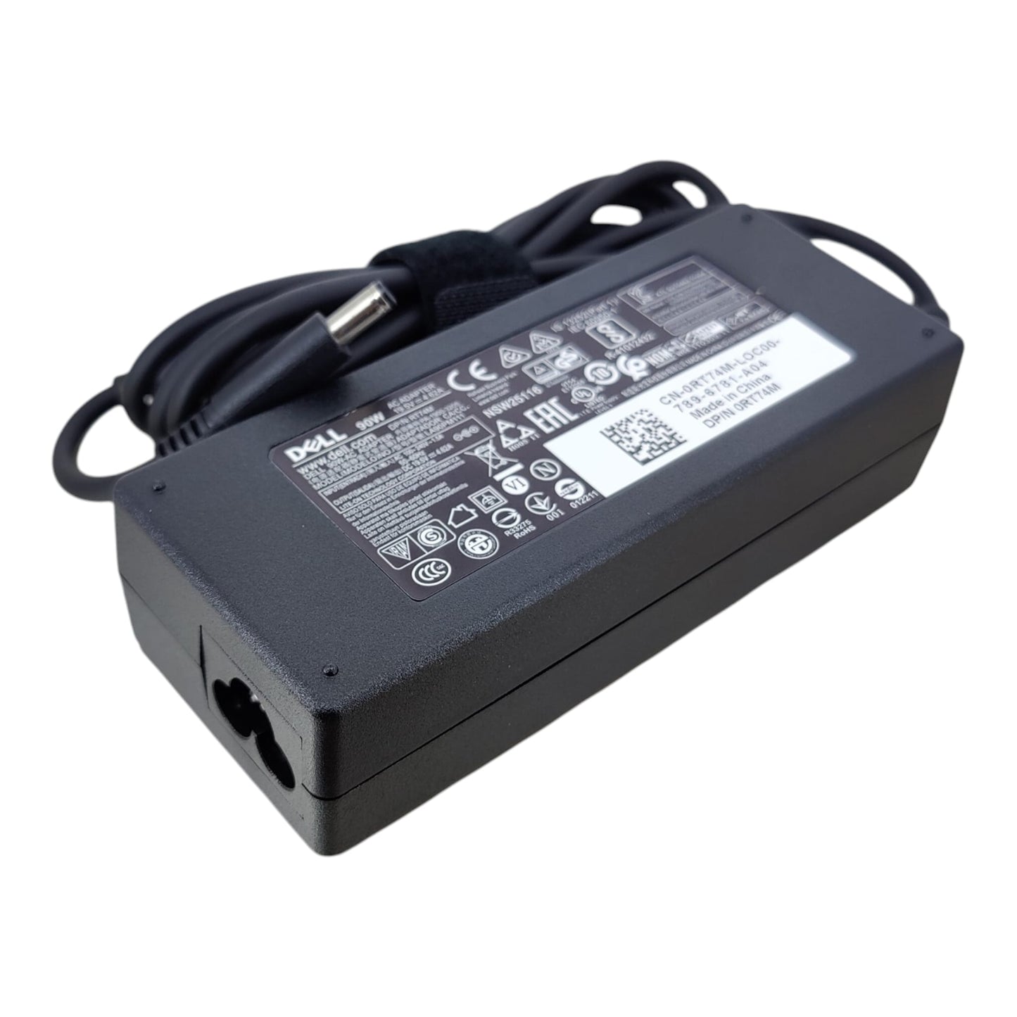 Technical specification label of the Dell 19.5V 4.62A 90W AC adapter showing voltage and model numbers.