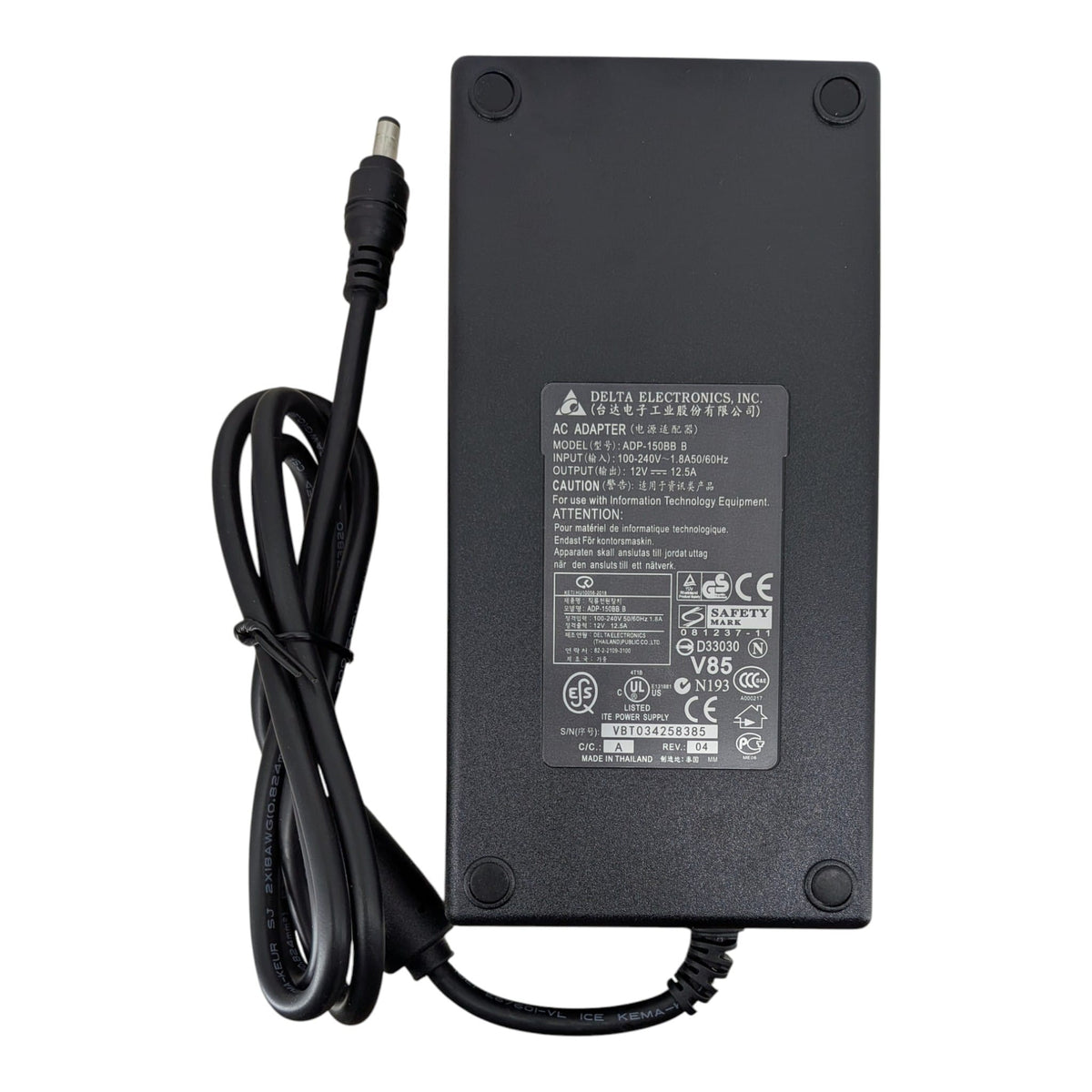DELTA 火牛底部的規格標籤，清晰顯示 12V 12.5A 的強勁輸出及各項國際安全認證。