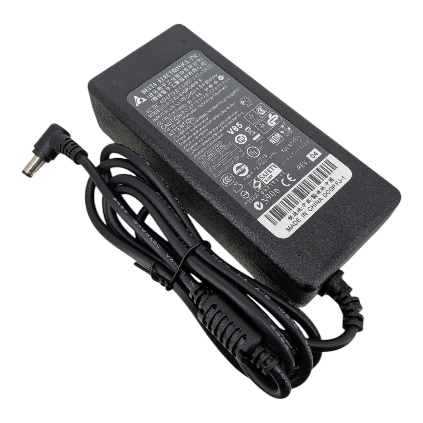 台達 Delta 9V 6A 電源適配器頂部標籤特寫，清晰顯示 EADP-54HB A 型號及 100-240V 國際電壓支援。