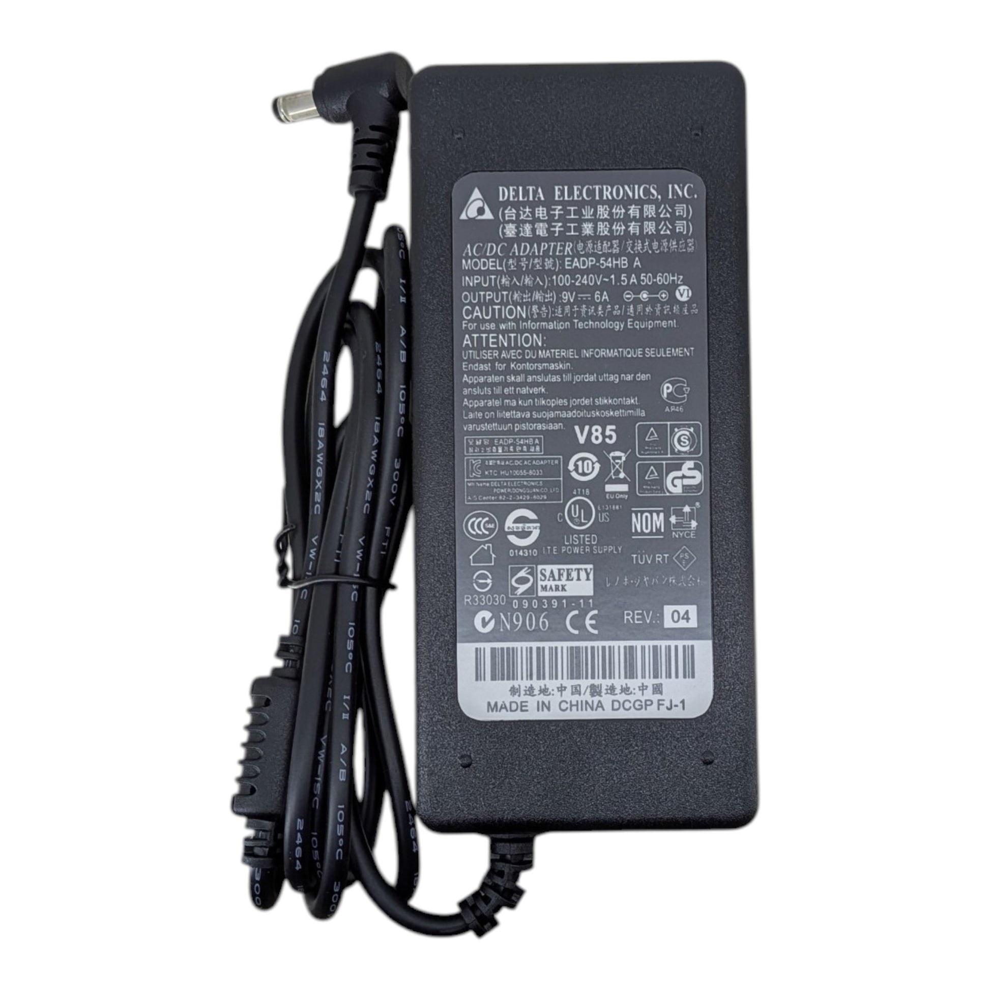 Top view of the Delta Electronics 9V 6A power adapter showing the EADP-54HB A model label and UL/CE safety certifications.