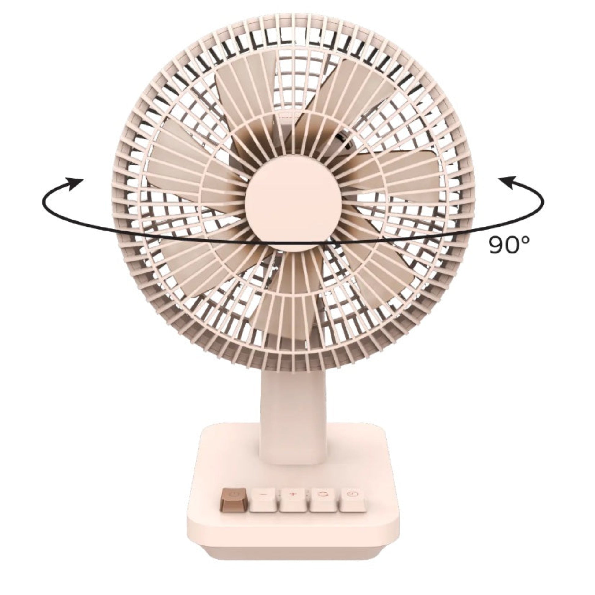 Diagram showing the 90 degree automatic horizontal oscillation of the Momax 1°Pod fan.