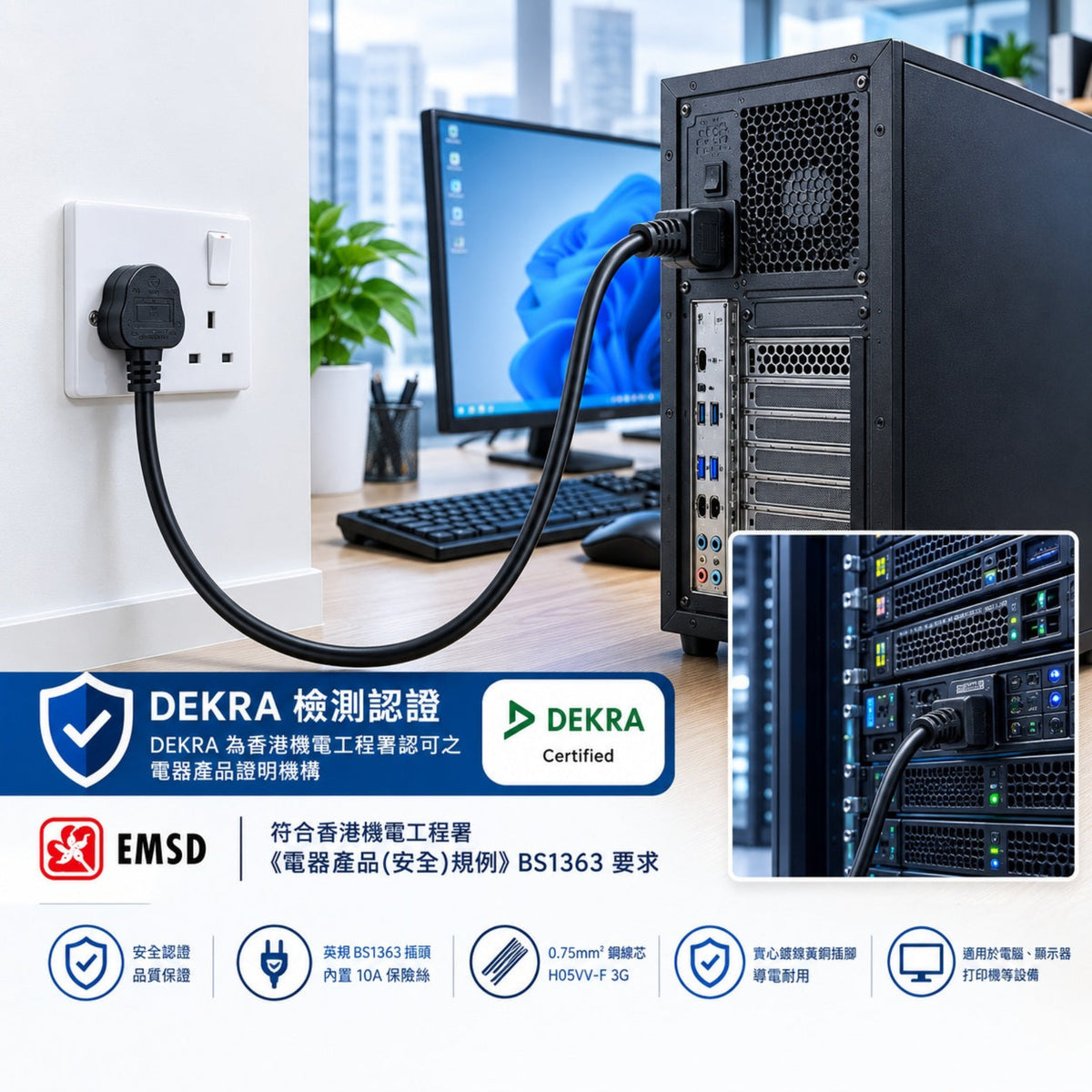 電源線連接桌面電腦示範，採用 0.75mm² 實心鍍鎳黃銅插腳，提供穩定電力，門市提供專業技術支援。