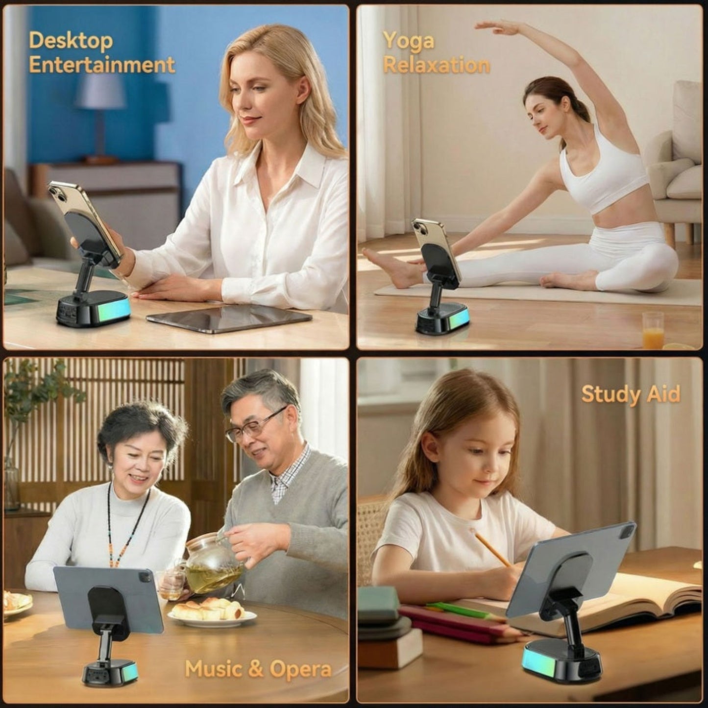 Young girl using the foldable tablet stand with speaker as a study aid for online classes at a wooden desk.