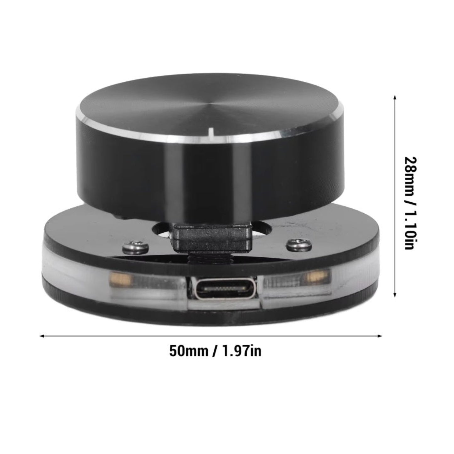 Dimensions of the USB volume control dial showing 50mm width and 28mm height.