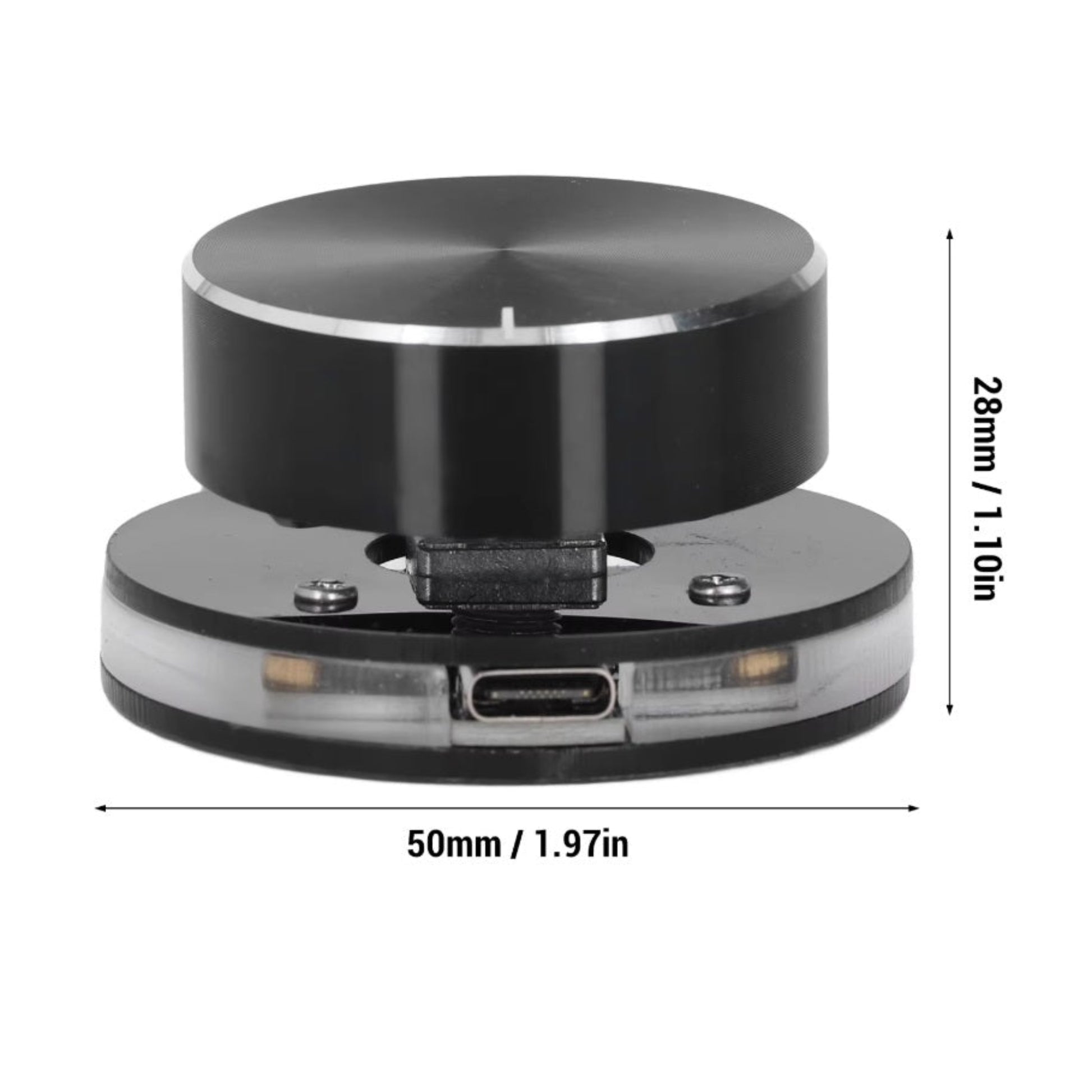 Dimensions of the USB volume control dial showing 50mm width and 28mm height.