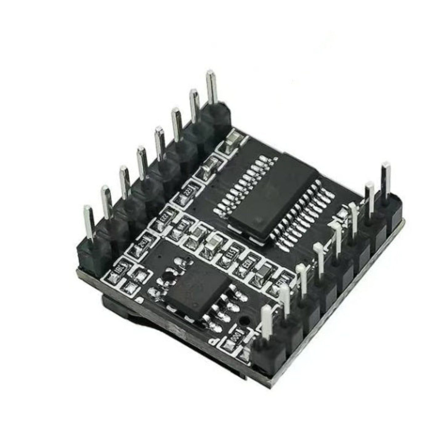 Bottom view of DFPlayer Mini module board showing control chip and solder pads.