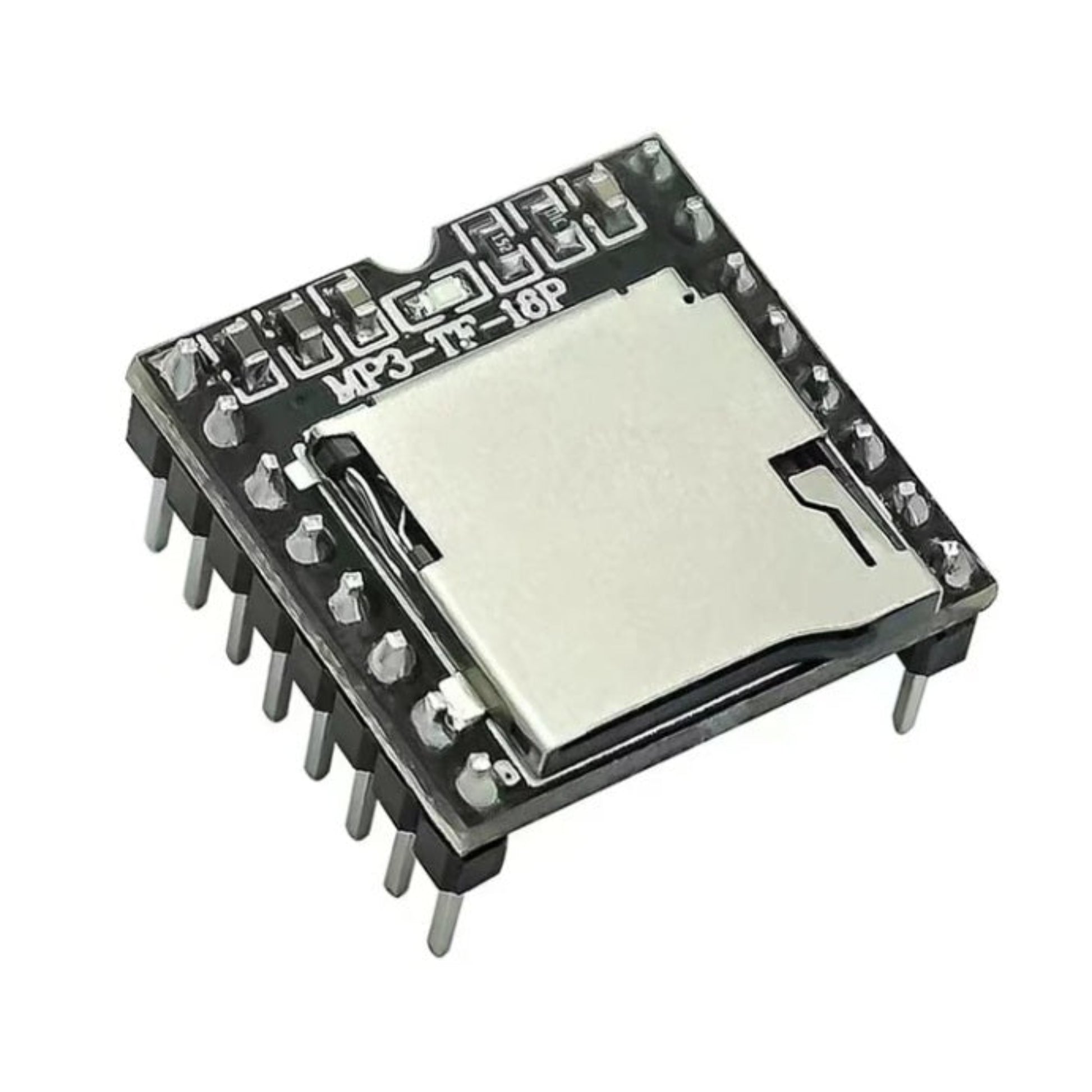 Top view of DFPlayer Mini MP3 Player Module showing TF card slot and pins, model MP3-TF-16P.