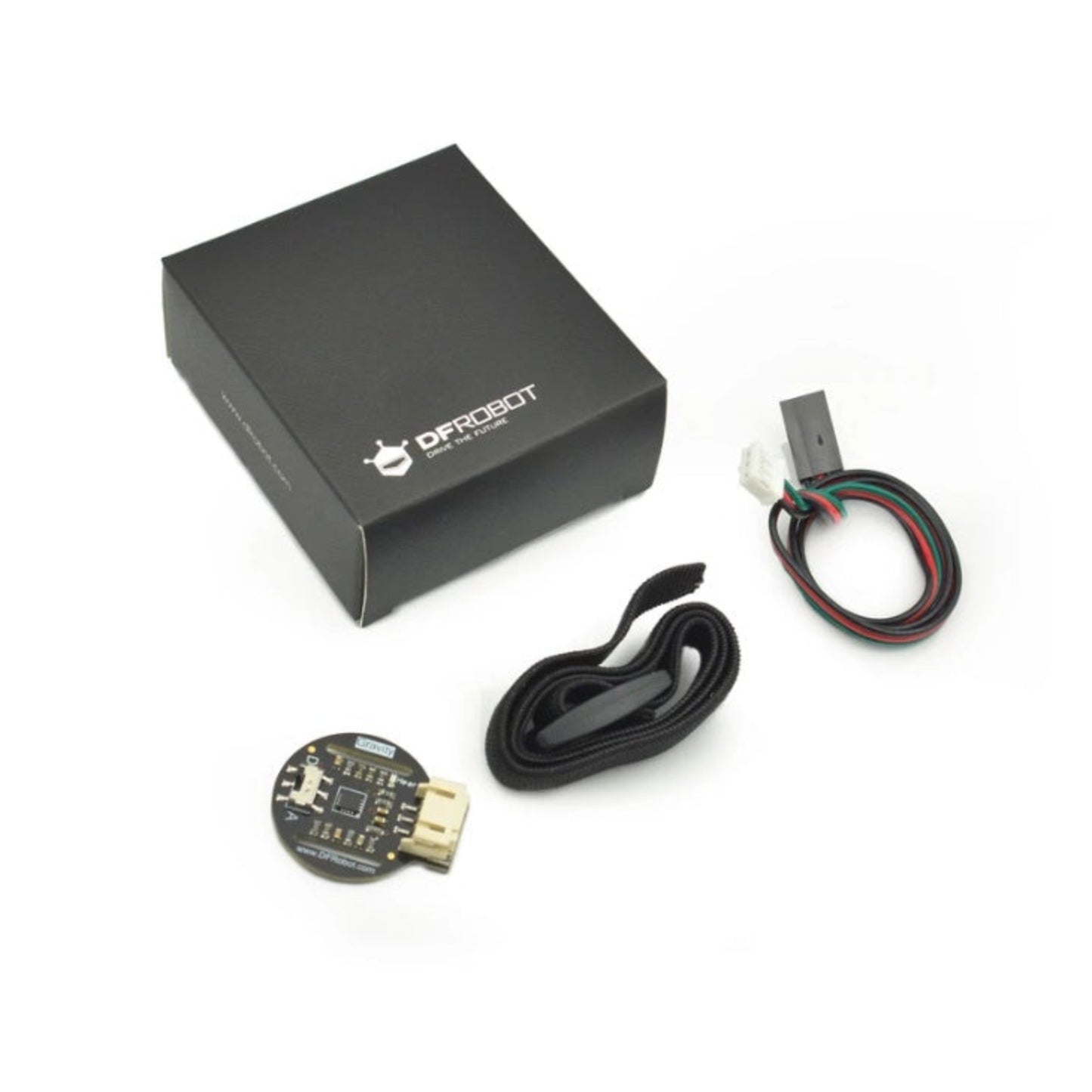 The complete DFRobot Gravity PPG heart rate sensor kit, including the black retail box, sensor module, wrist belt, and PH2.0-3P cable.