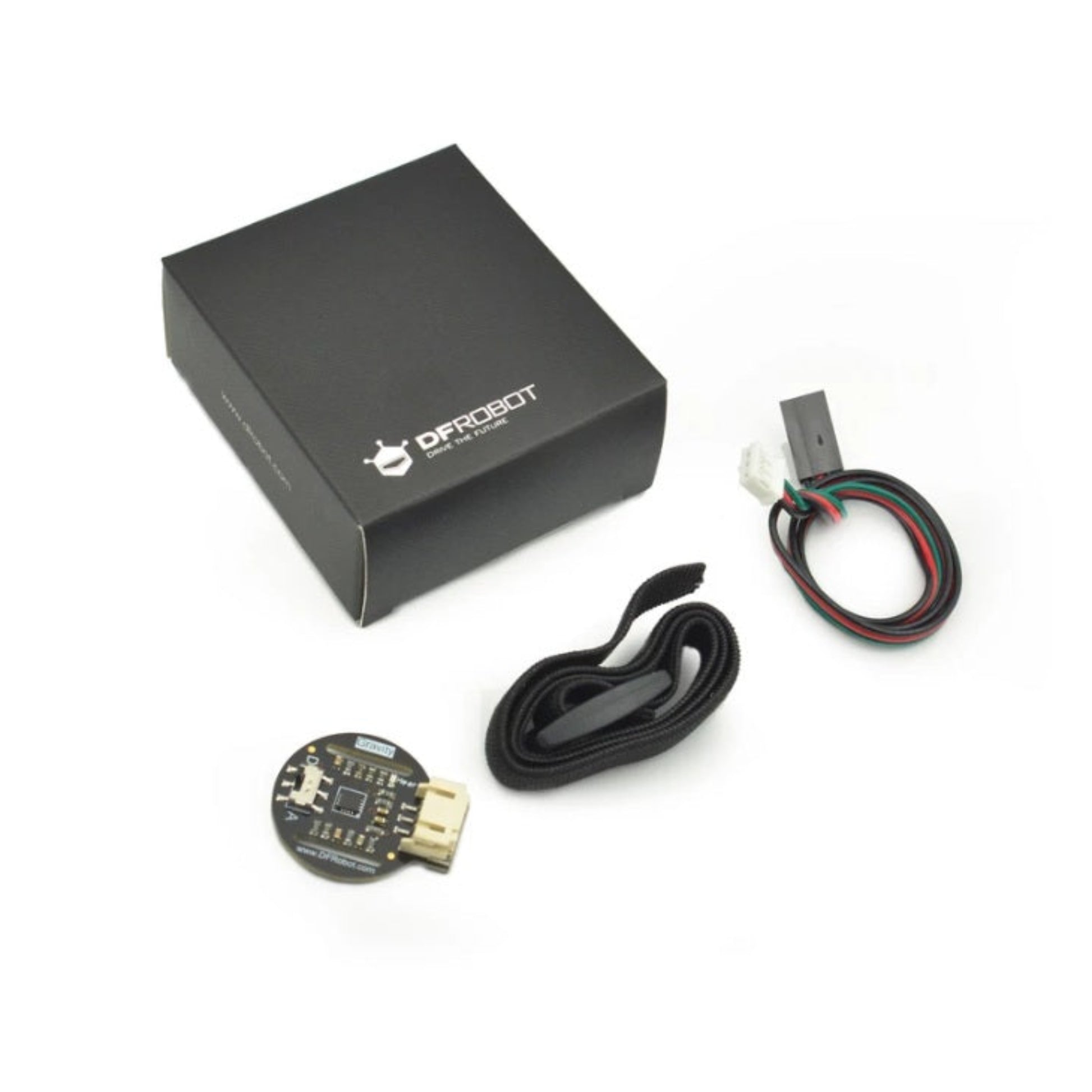 The complete DFRobot Gravity PPG heart rate sensor kit, including the black retail box, sensor module, wrist belt, and PH2.0-3P cable.