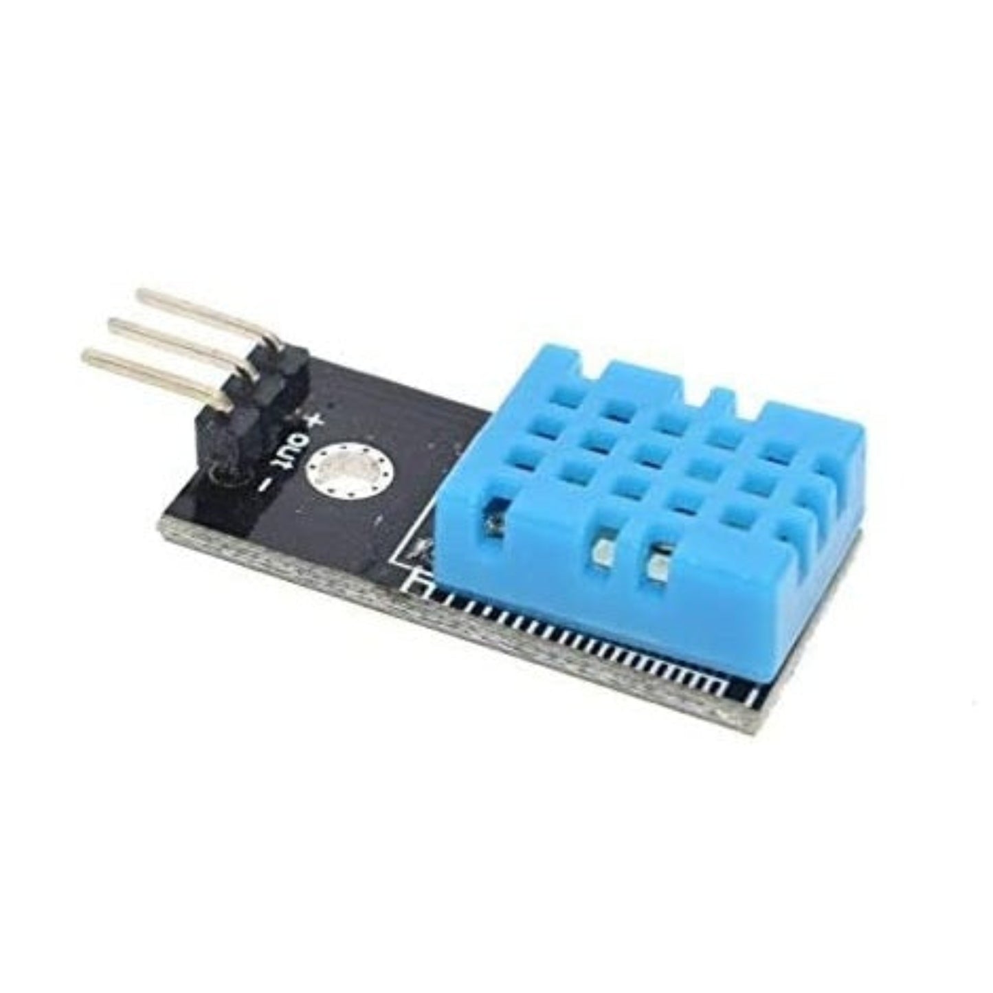 Side view of the DHT11 temperature and humidity sensor module with a blue casing and three connector pins.