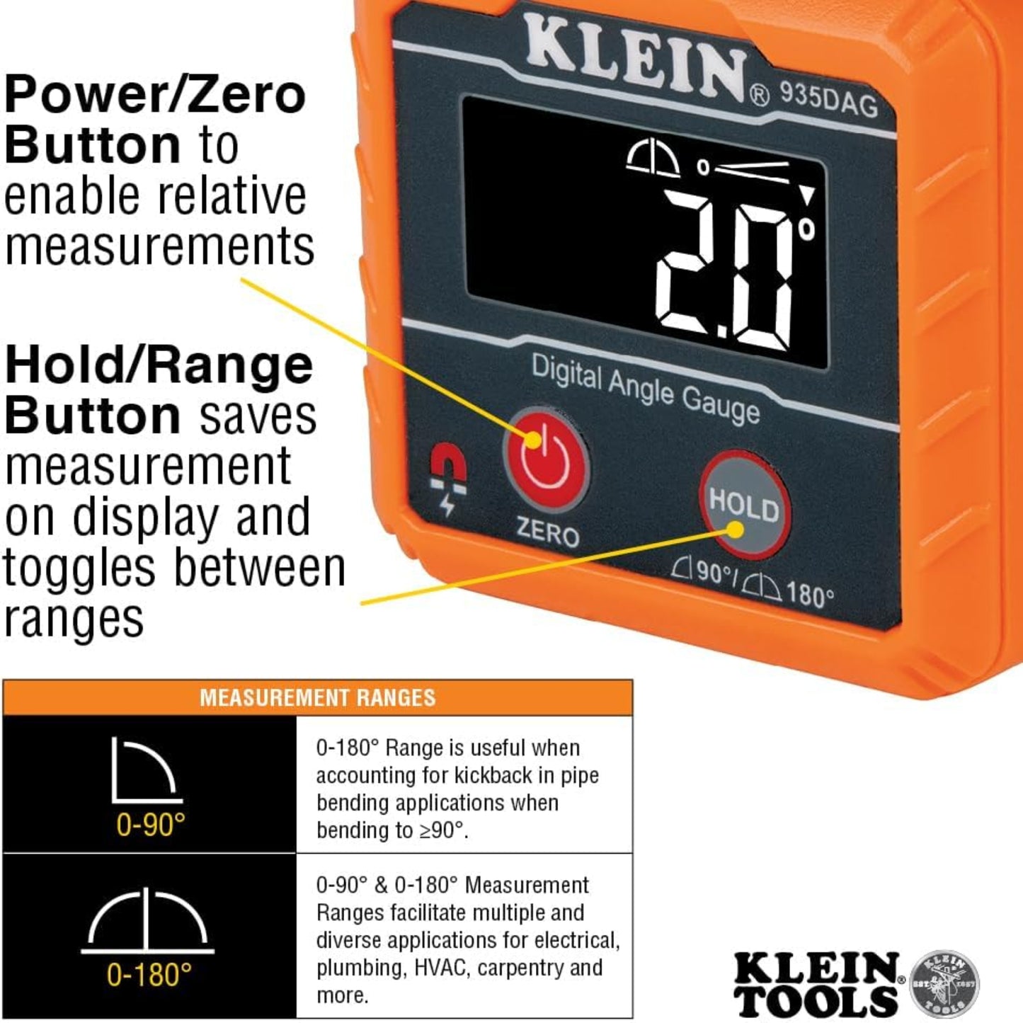 Close up of Power/Zero and Hold buttons on Klein Tools angle gauge with measurement range explanation.