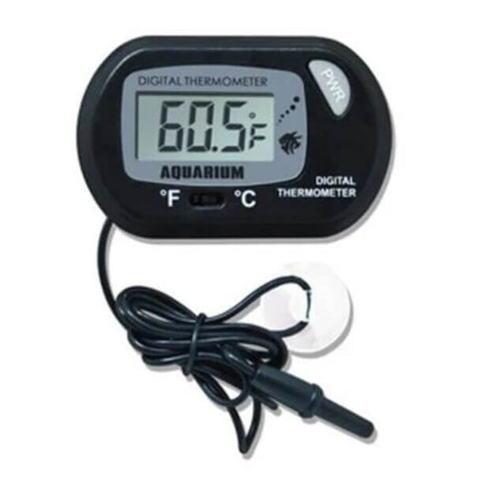 Digital aquarium thermometer displaying 60.5°F, with an external waterproof probe and suction cup.