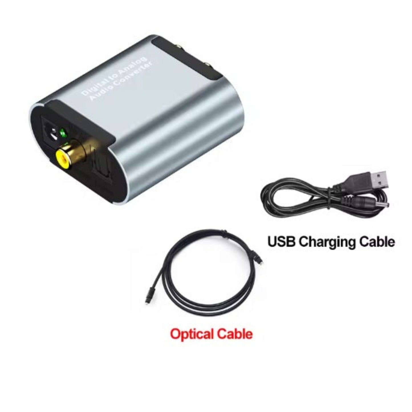 Digital to analog audio converter package including USB power cable and optical cable