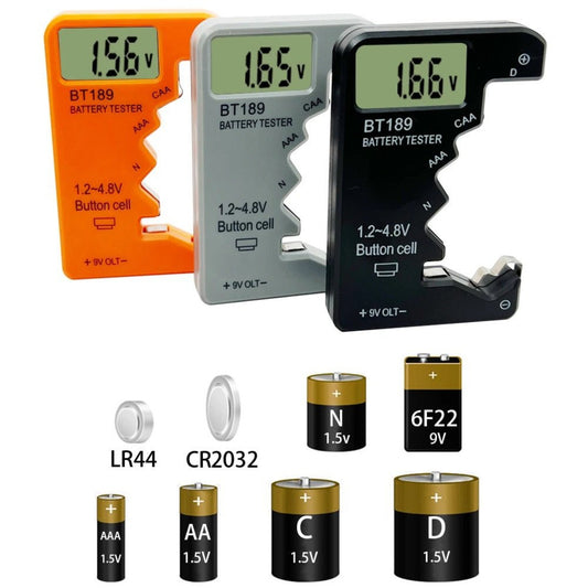A collection of BT189 digital battery testers in black, grey, and orange, shown with compatible batteries like AA, AAA, C, D, 9V, and button cells.
